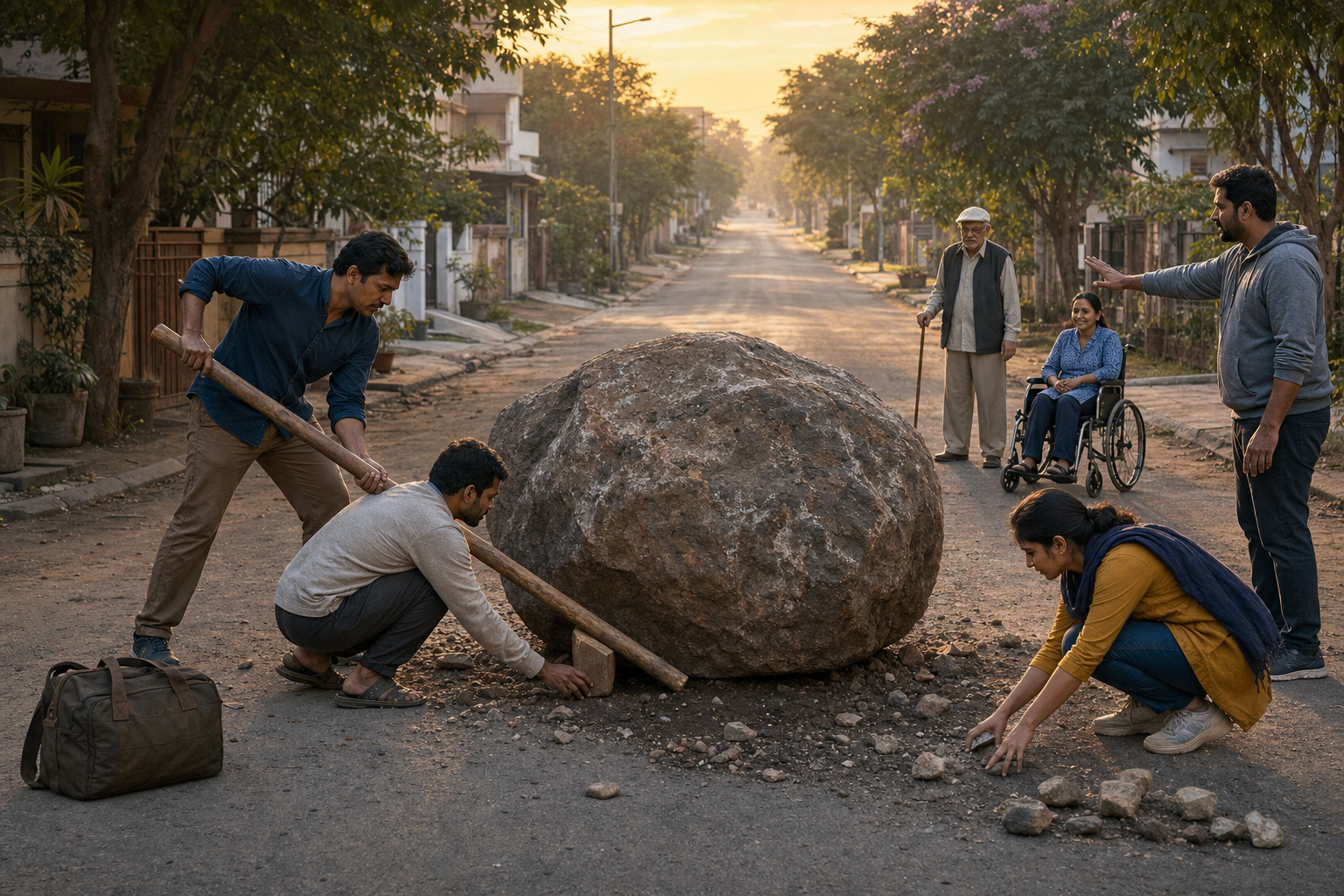 Neighbors work together to move a large boulder blocking a road while keeping nearby pedestrians safe.