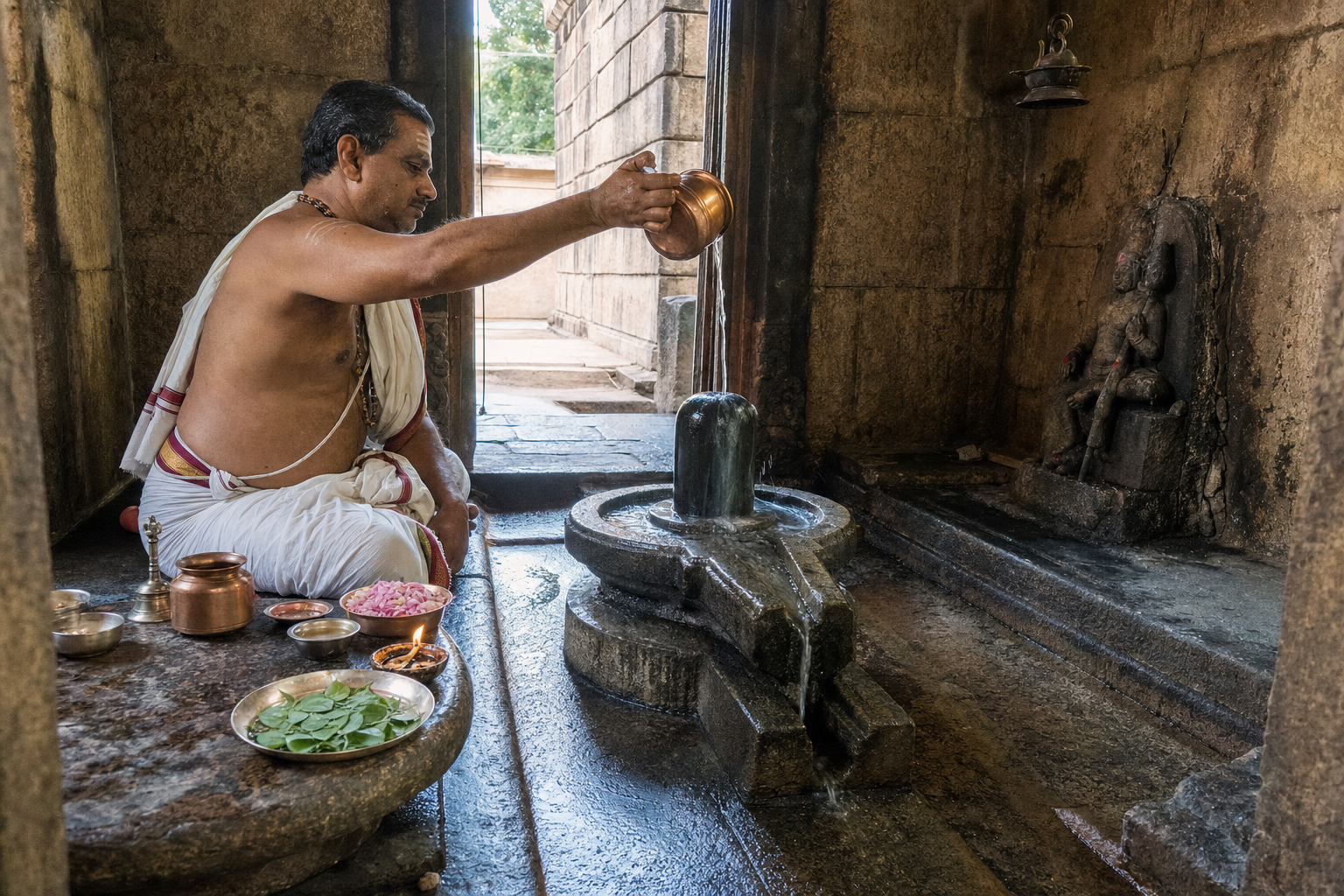 A temple priest pours water from a copper vessel over a stone linga while ritual vessels, a lamp, flowers, and leaves are arranged nearby.