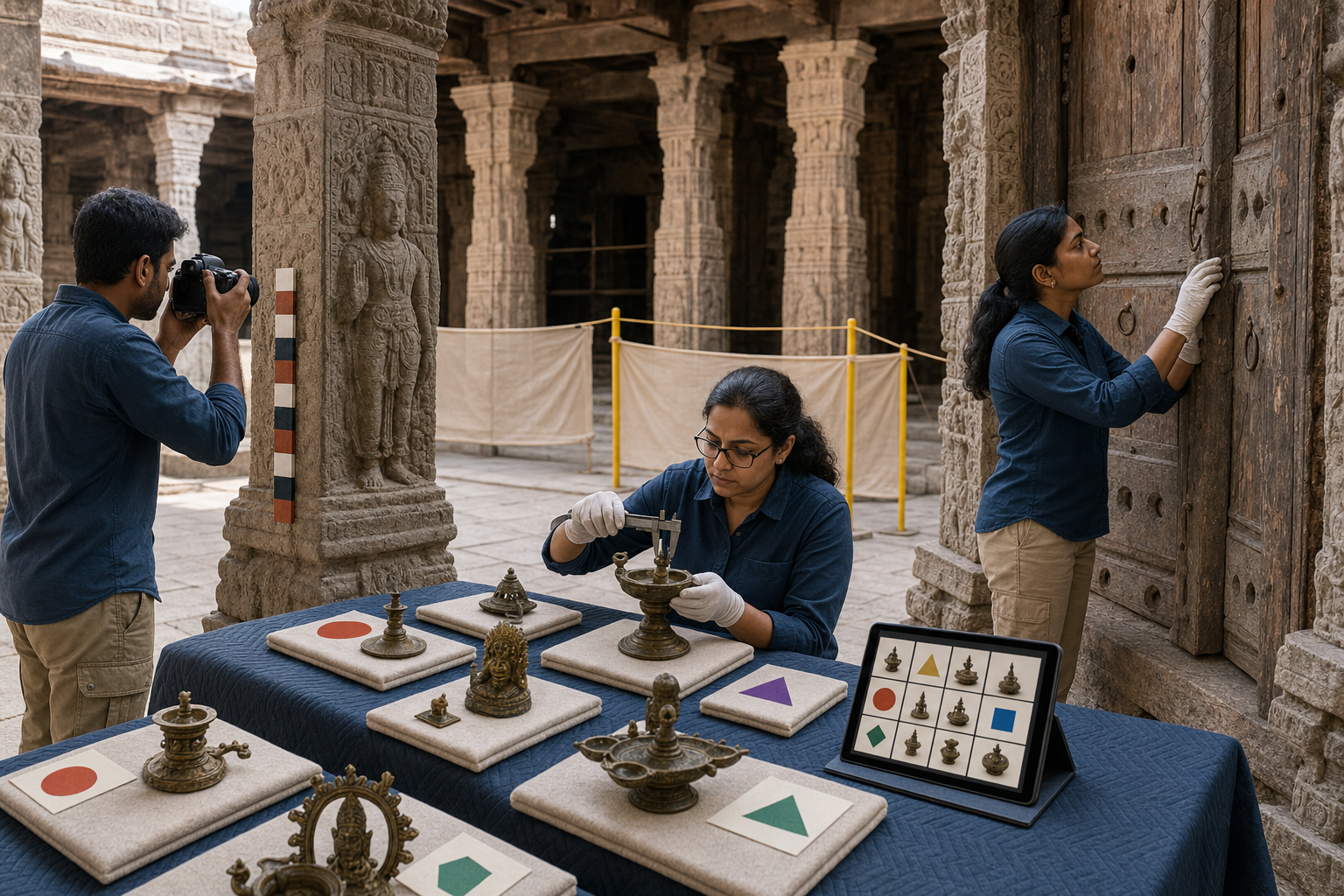 Conservators photograph and measure temple objects and architectural details while assembling a symbol-coded inventory before repairs begin.