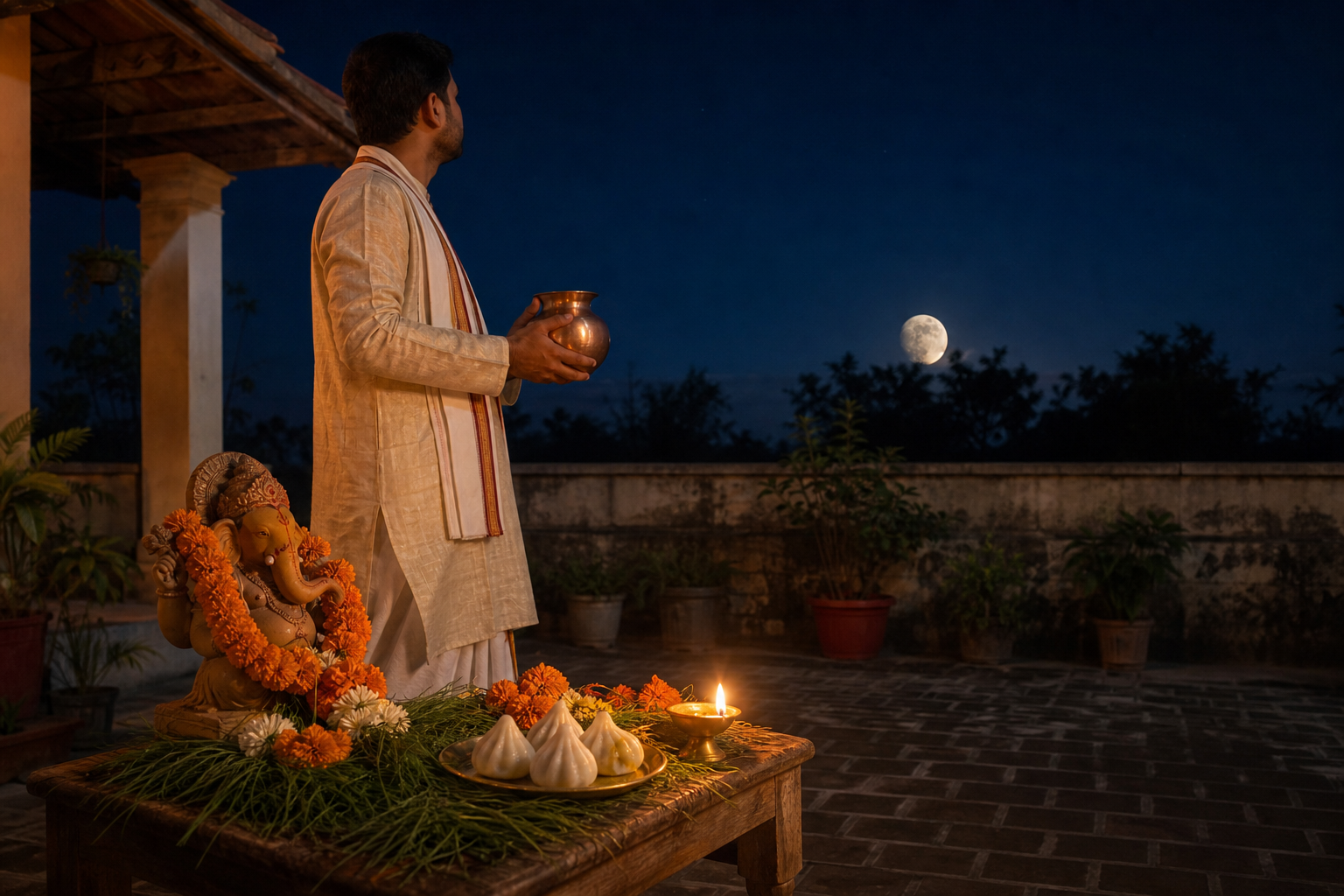 A devotee holds a copper water vessel beside a Ganesha altar while a waning moon rises over a home courtyard.