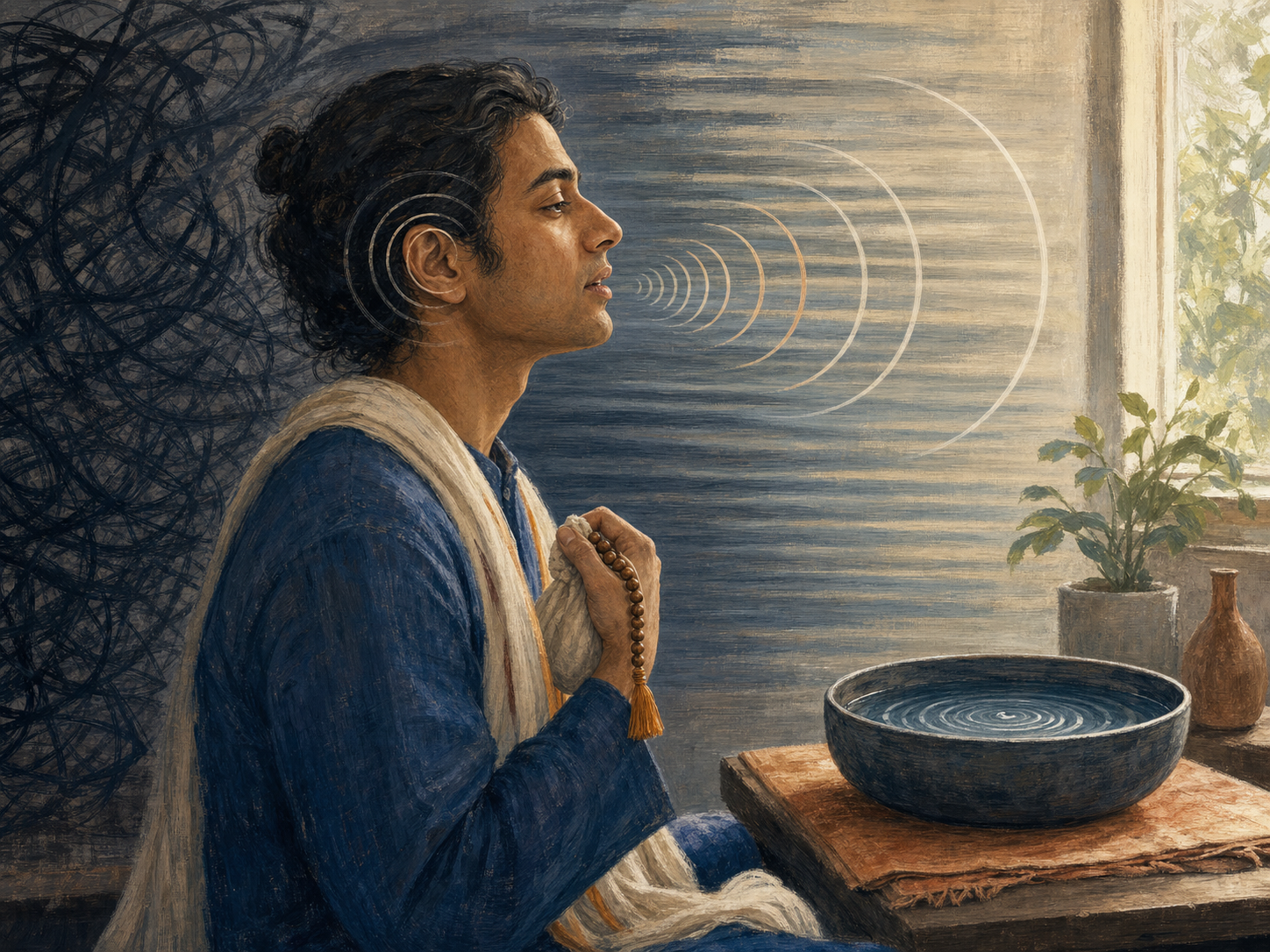 An illustration shows a seated person chanting with a japa bead bag as curved sound patterns echo ripples in a bowl of water.