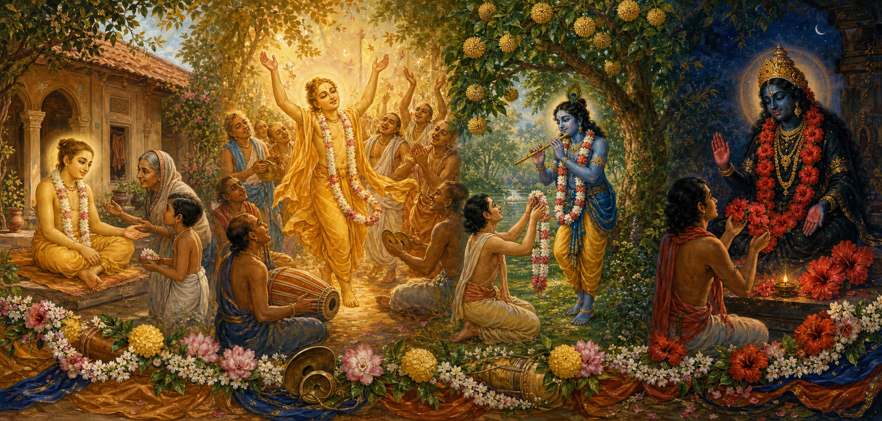 Four connected devotional scenes show youthful Nimai at home, Gauranga dancing in kirtana, flute-playing Shyam beneath a tree, and Shyama receiving hibiscus flowers.