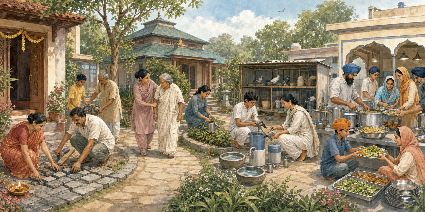 Four connected scenes show people repairing a walkway, helping an older neighbor, caring for birds, and preparing a communal meal.