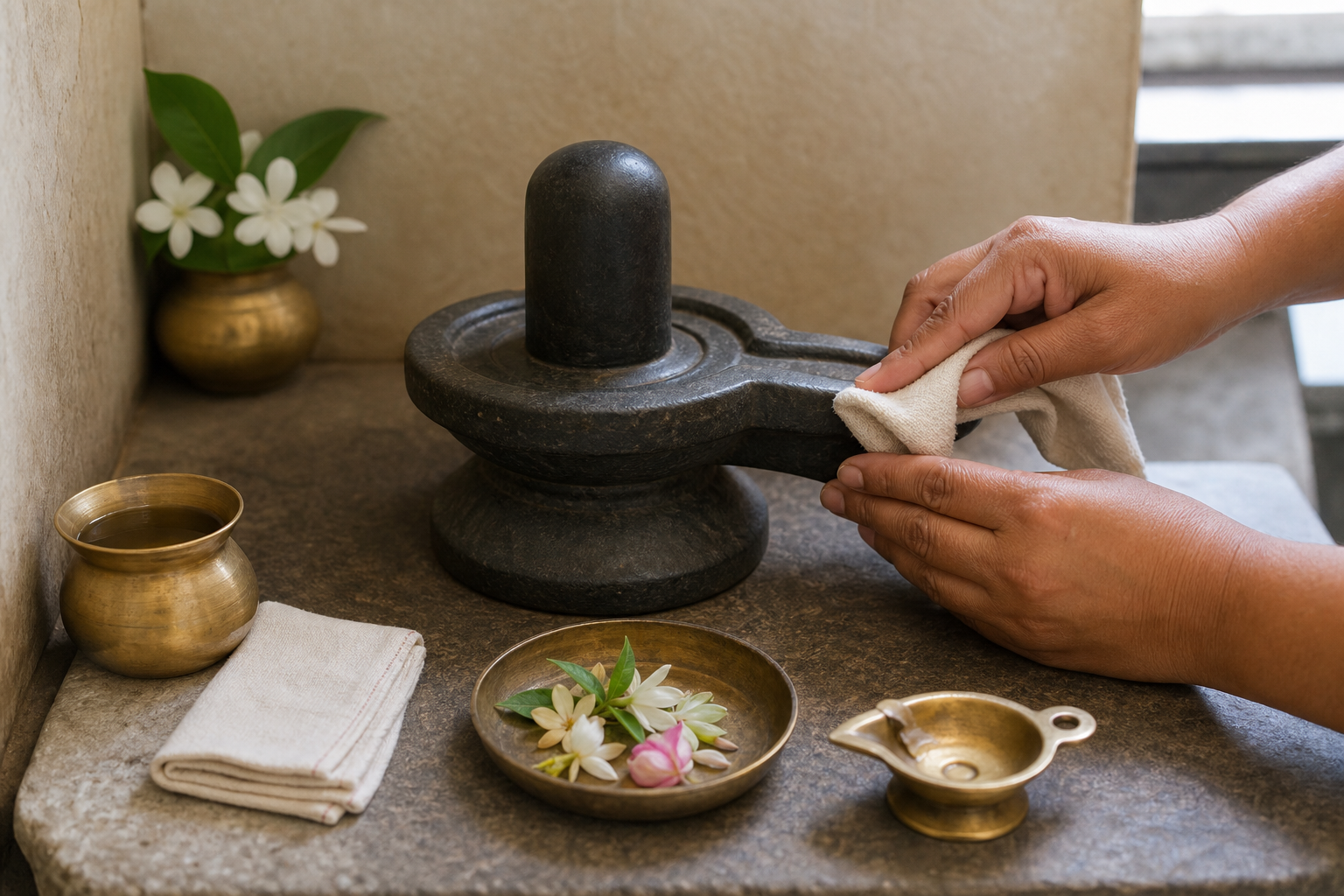 A devotee carefully cleans the pitha of a small home linga with a cotton cloth beside neatly arranged shrine-care items.