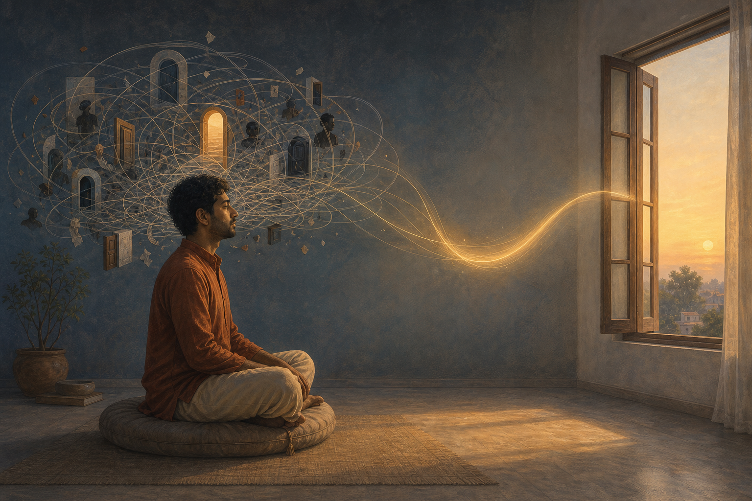 A seated person is surrounded by tangled translucent loops that open into a clear stream of light near a window.