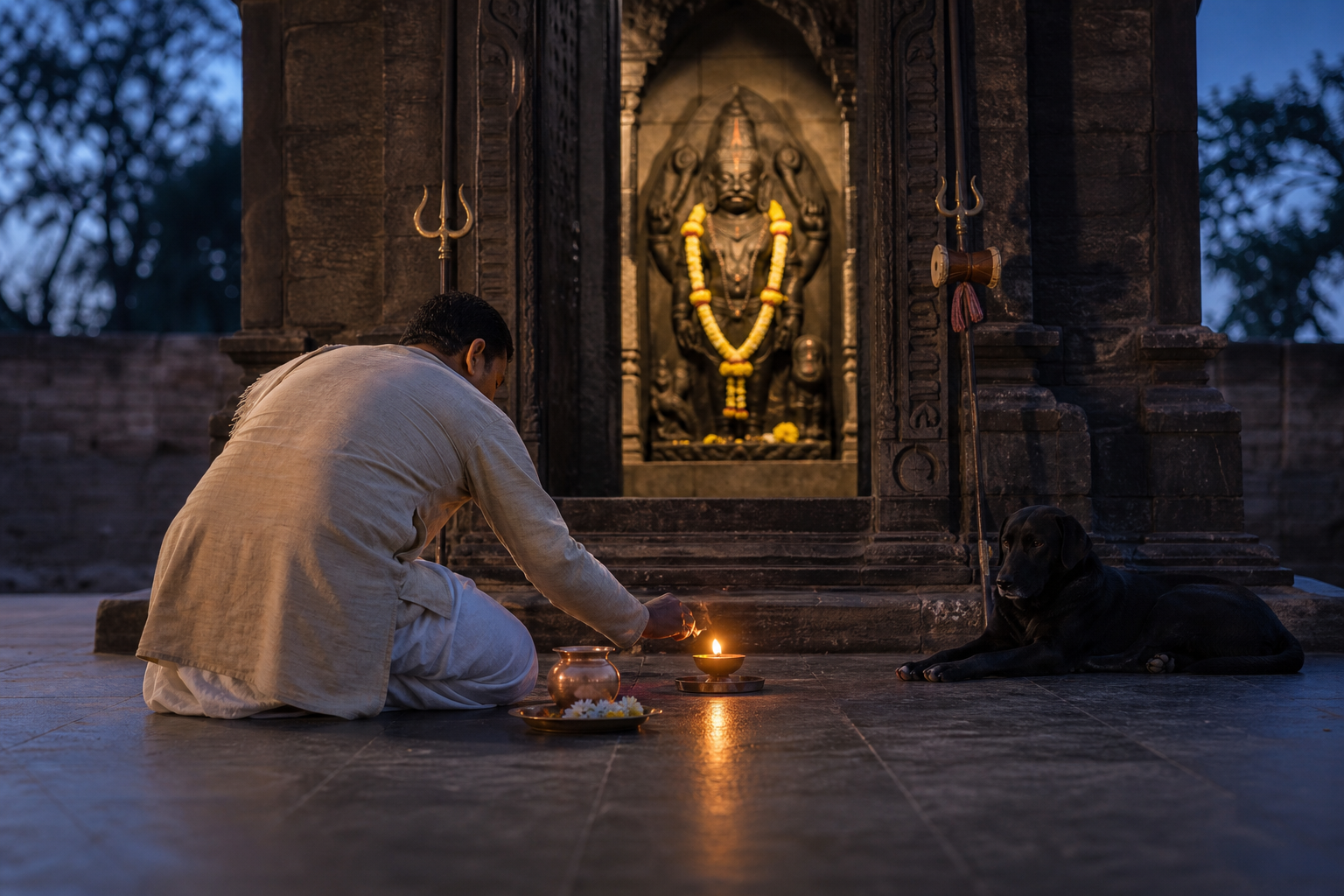 A devotee lights a small oil lamp at a stone Bhairava shrine while a black dog rests near the entrance.