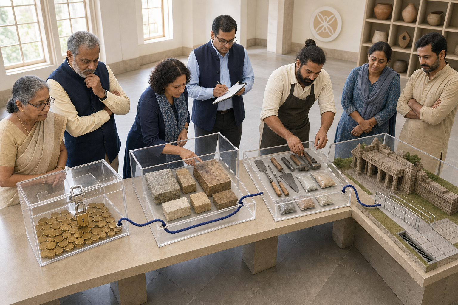 Community observers and project staff inspect transparent funding, procurement, construction and completed-work stations connected by a continuous cord.