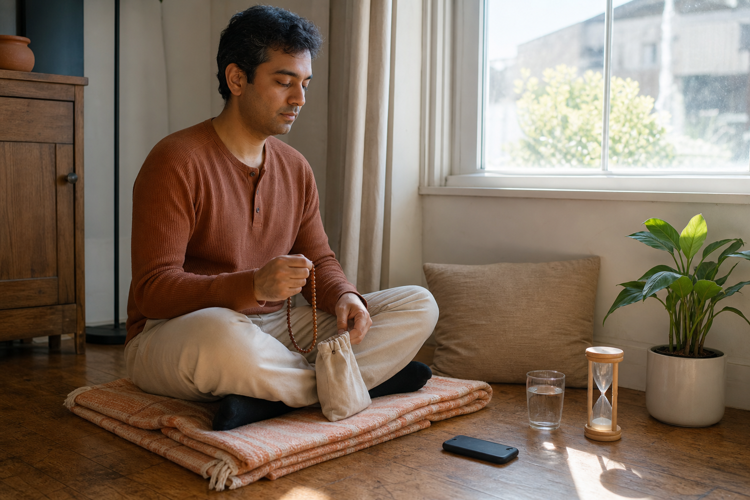 A person chants in a simple window-side practice space with a cushion, water, an unmarked sand timer, and a phone placed face down.