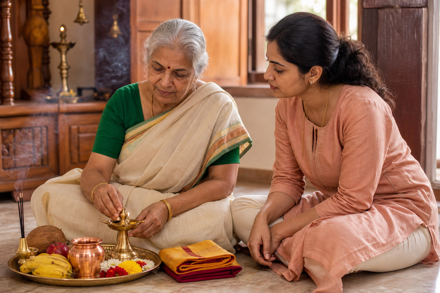 An older family member guides a younger adult in arranging flowers, fruit, a lamp, and a water vessel on a home puja tray.