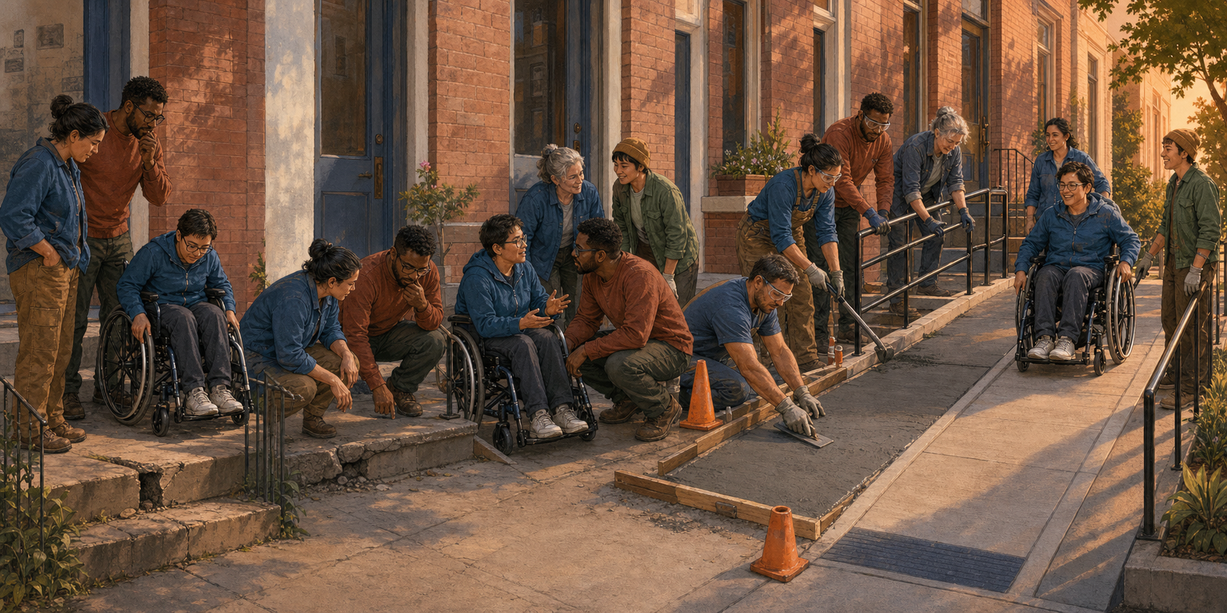 A community group notices an inaccessible entrance, consults a wheelchair user, repairs the approach, and checks the completed access route.