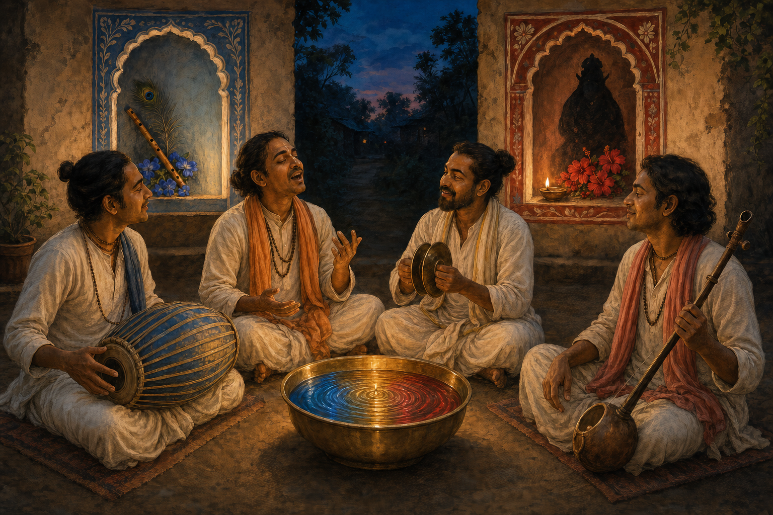 Four Bengali musicians play different instruments in one circle between separate flute-and-feather and hibiscus-and-lamp devotional alcoves.