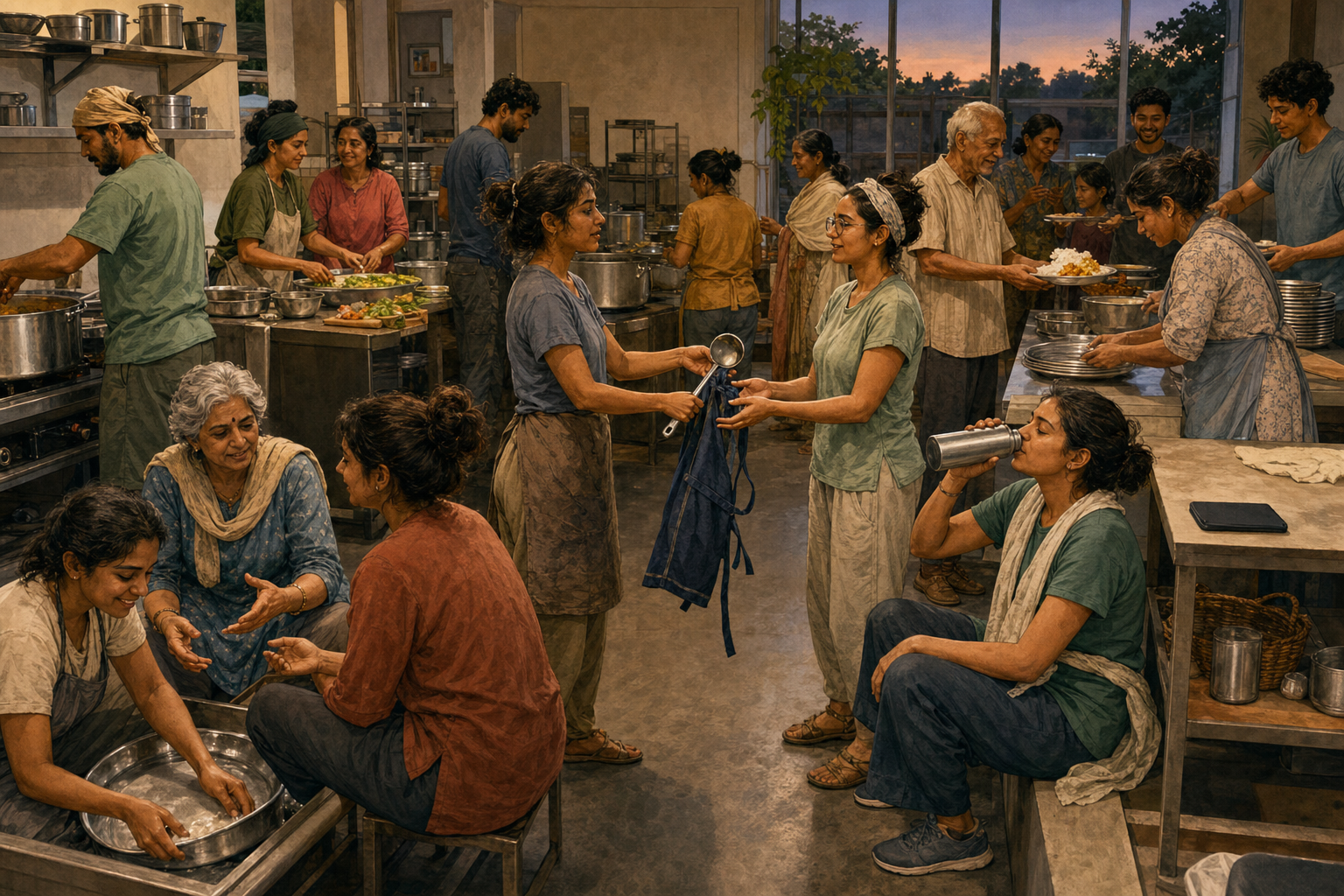 Volunteers share duties in a community kitchen as one person hands a serving task to a rested teammate and another takes a water break.