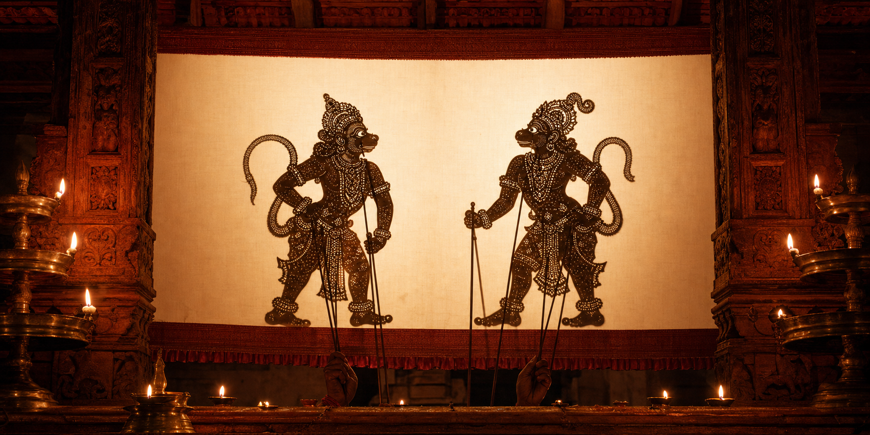 Two monkey-warrior leather puppets silhouetted on an illuminated screen during a Kerala Tholpavakoothu performance, framed by carved pillars and oil lamps.