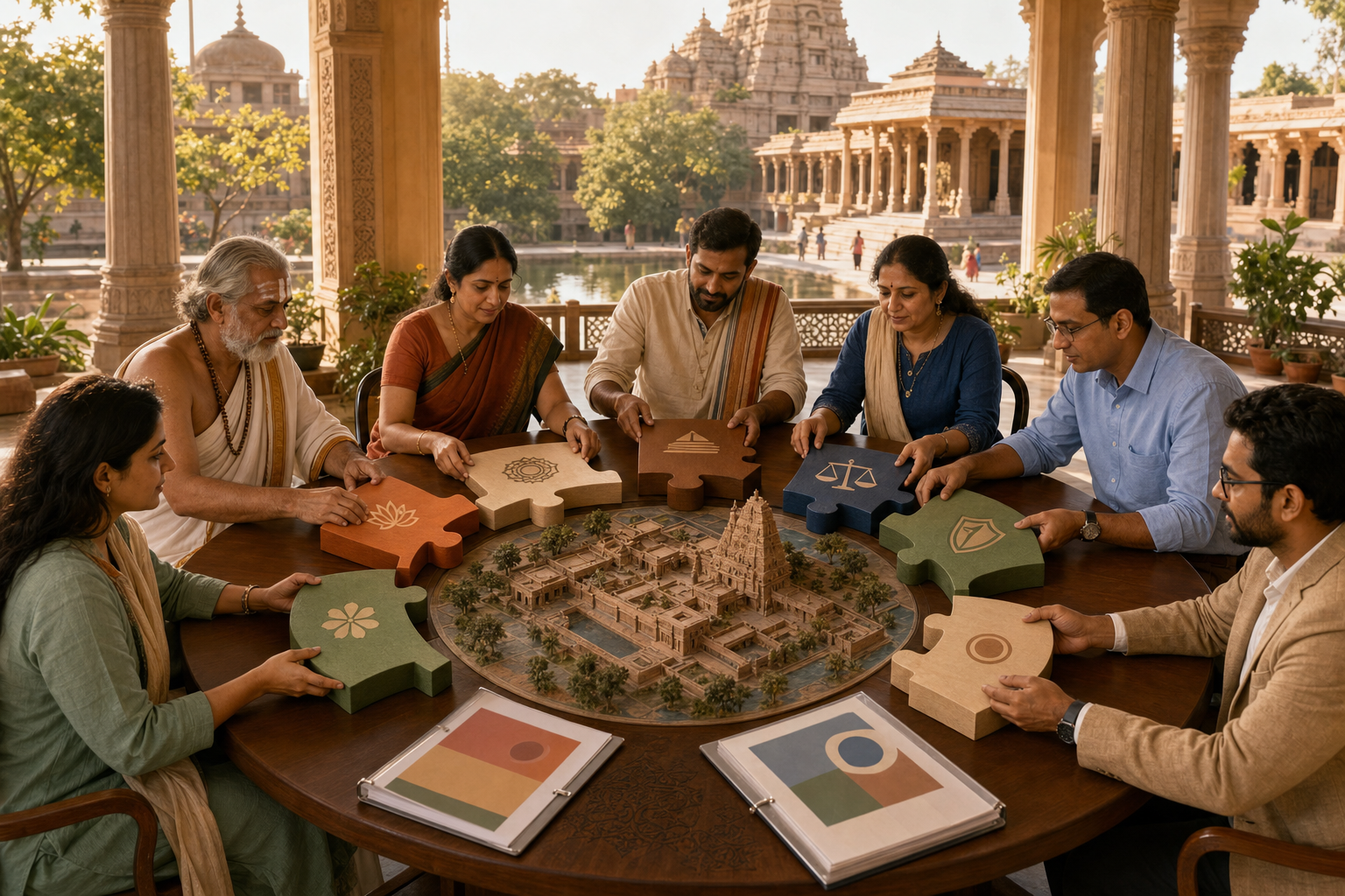 Religious custodians, community members, professionals and a civil official assemble a ring of interlocking pieces around a model of a heritage institution.