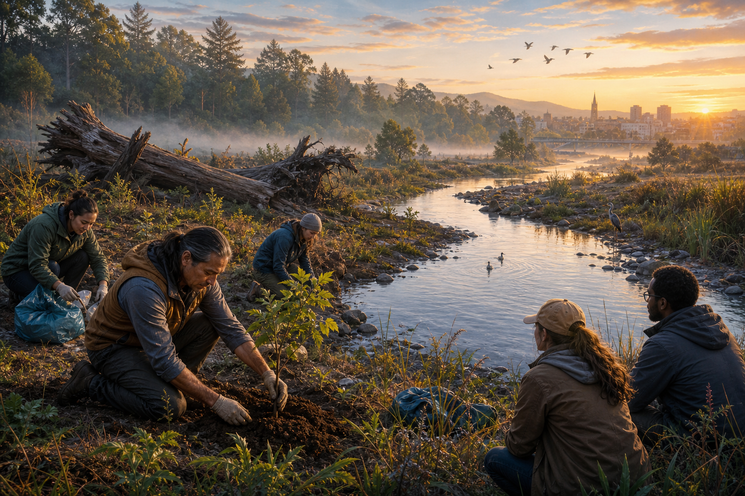 People restore a riverbank at dawn by planting a native sapling and collecting litter beside reeds, forest, and a distant town.