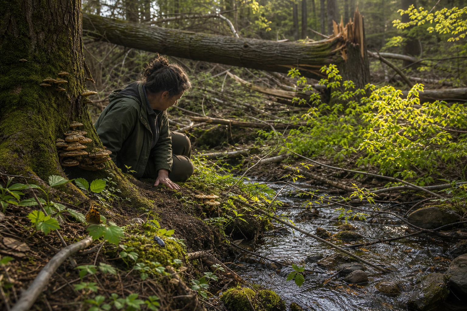 A person sits beside an old tree in a storm-disturbed woodland, surrounded by moss, fungi, seedlings, insects, and a small stream.