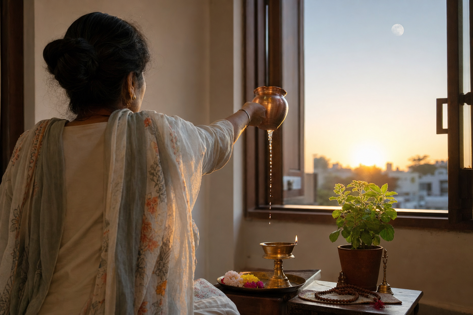 A practitioner offers water from a copper vessel at a home prayer space as sunlight enters through an open window at dawn.
