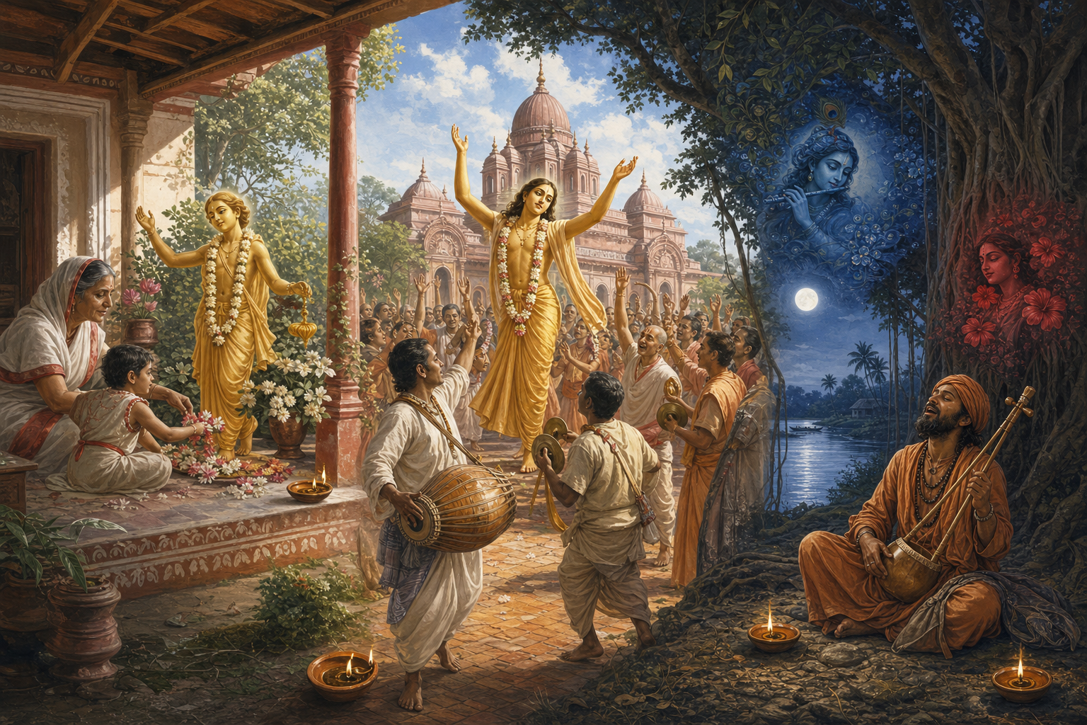 Three Bengali devotional settings show a family veranda, a crowded temple kirtana, and a moonlit Baul performance beside a river.