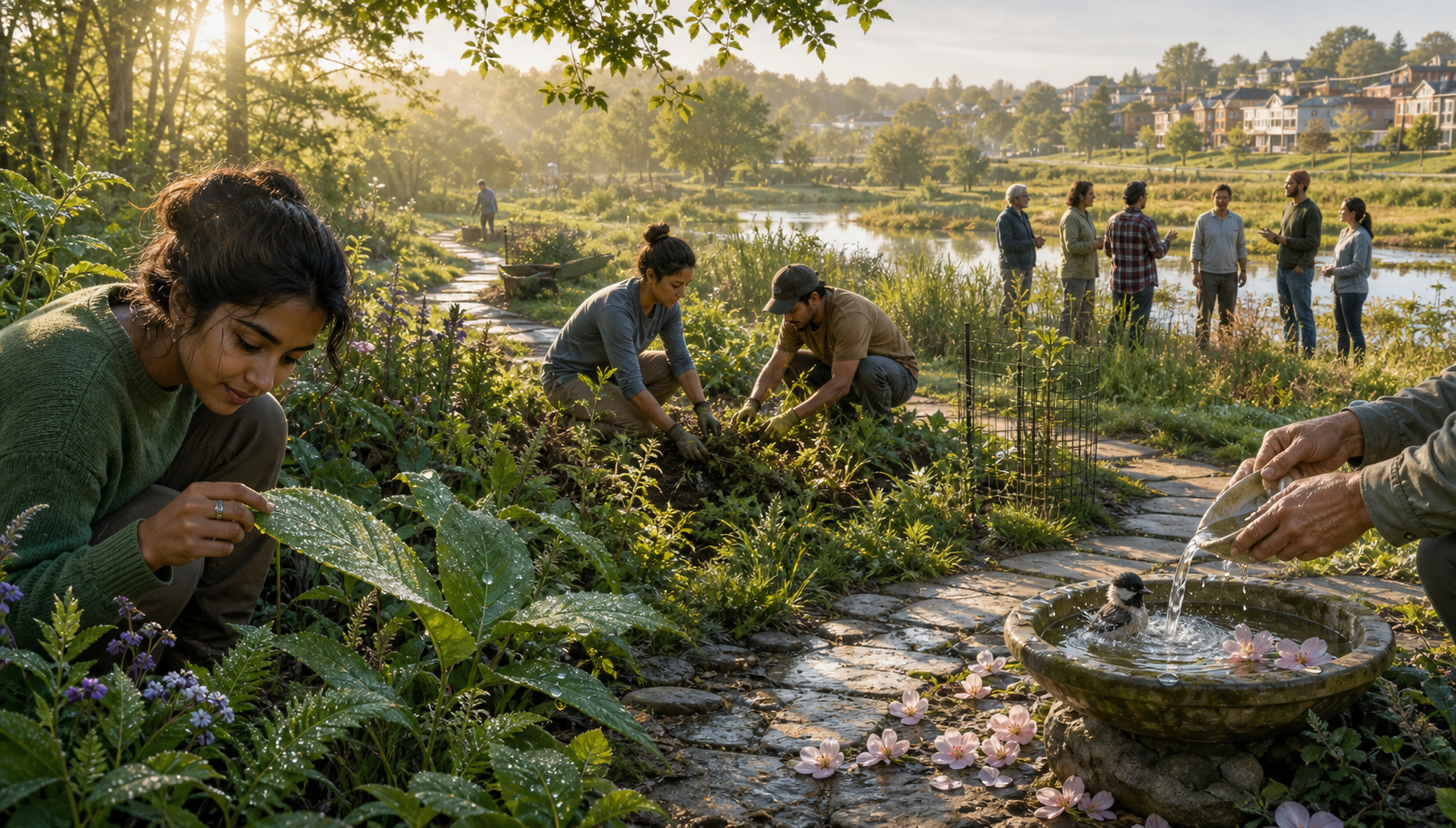 Four connected moments in one landscape show a person observing a leaf, tending water for birds, neighbors caring for native plants, and a community gathering beside a wetland.