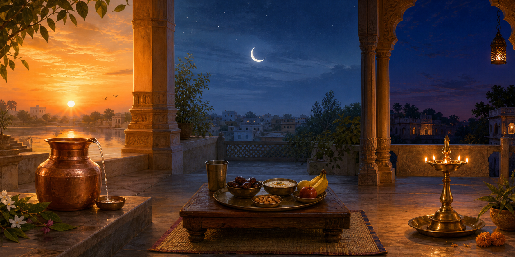 Three connected scenes show a water offering at sunrise, a meal beneath the moon, and a brass lamp glowing at twilight.