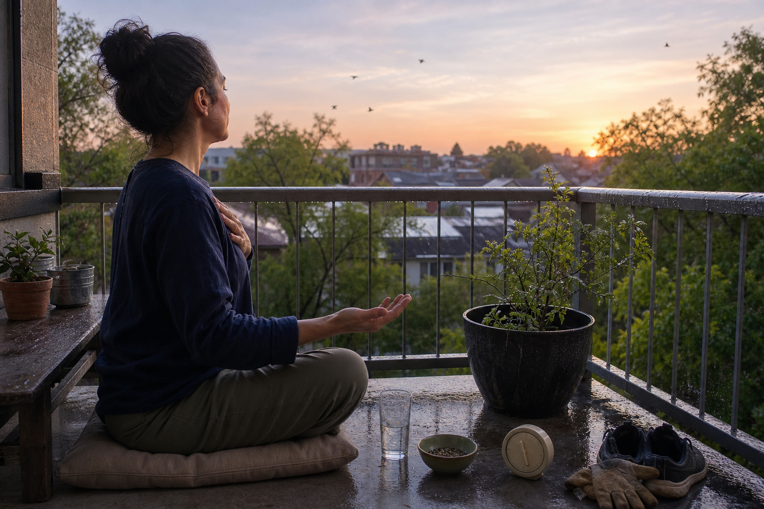 A person meditates at dawn on a balcony beside a native potted plant, work glove, water glass, seeds, and a small timer.