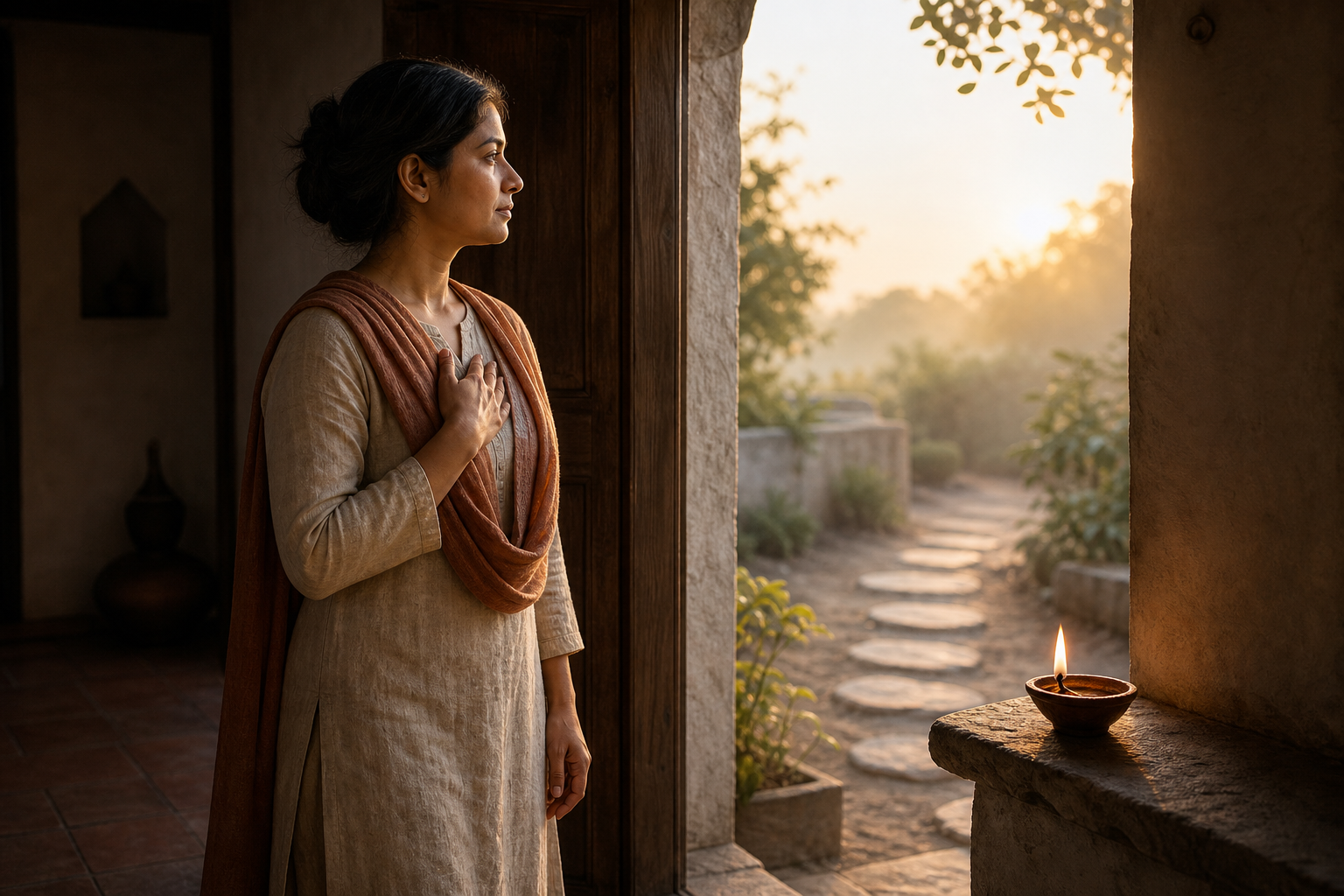 A person pauses calmly at a courtyard threshold at dawn beside a small oil lamp and a path of stepping stones.