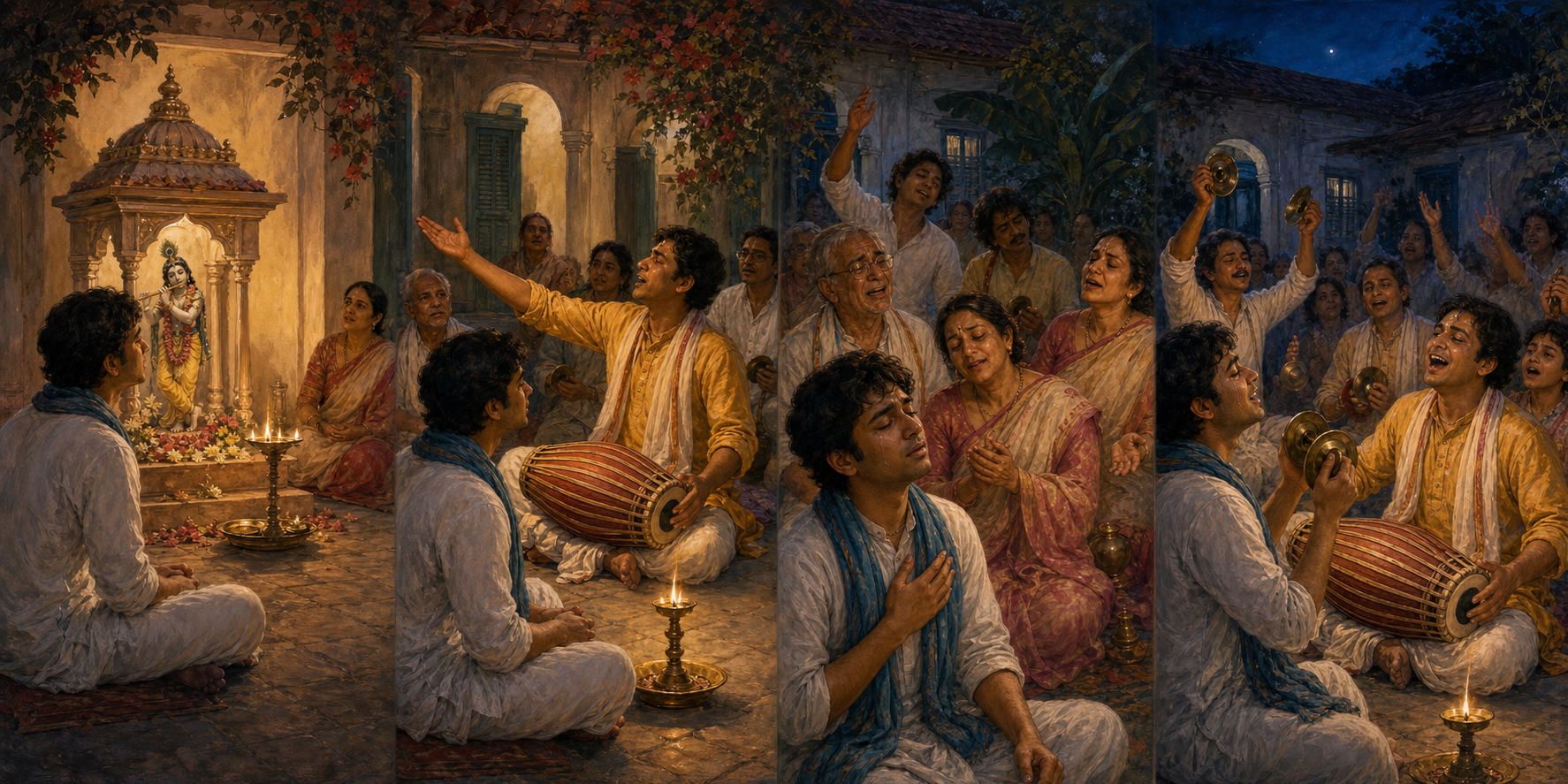 A listener observes a shrine, watches the singer and congregation, and then joins a Bengali kirtana with brass kartals.
