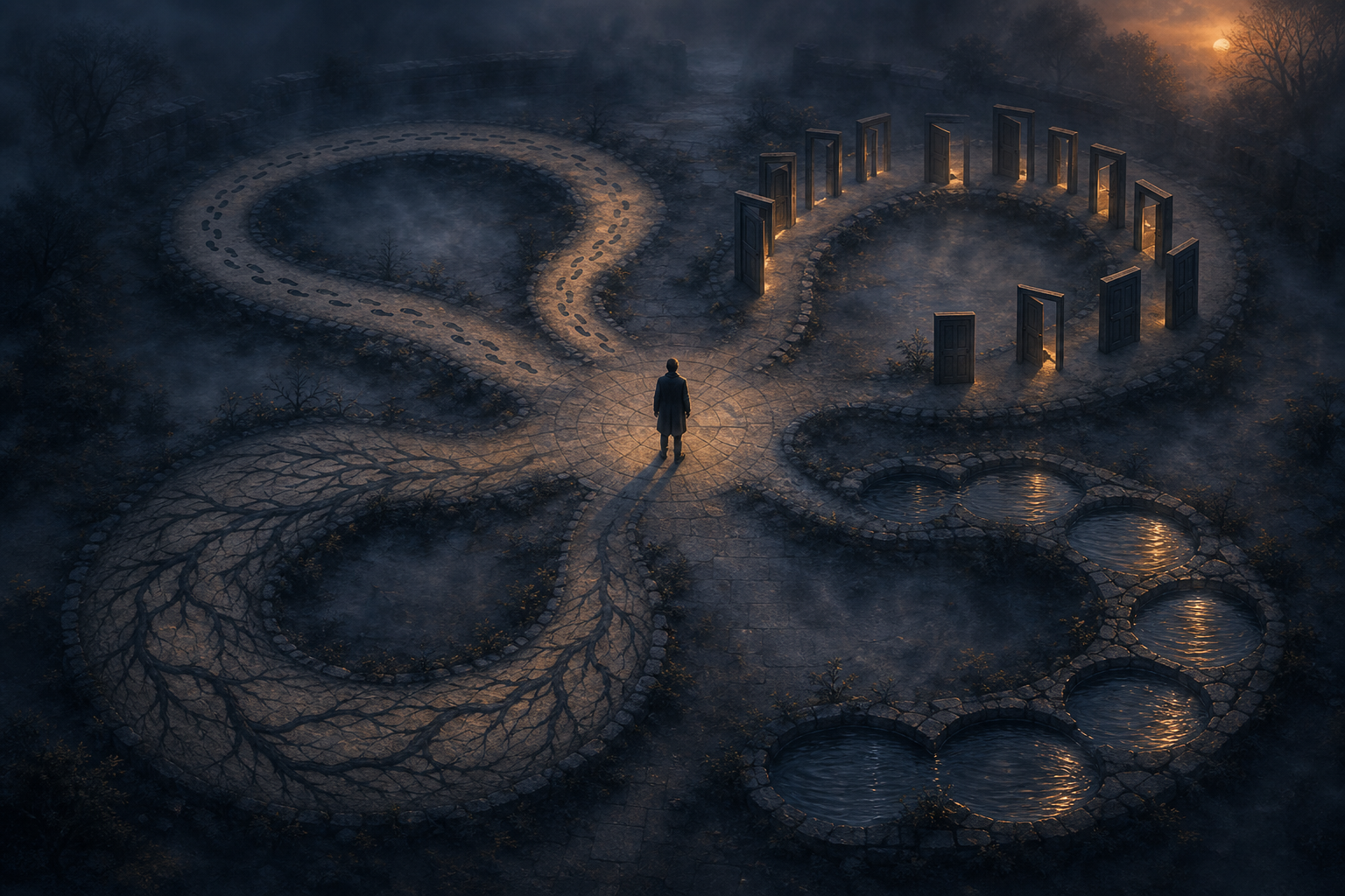 A person stands in a circular courtyard where four different paths curve back toward the center.