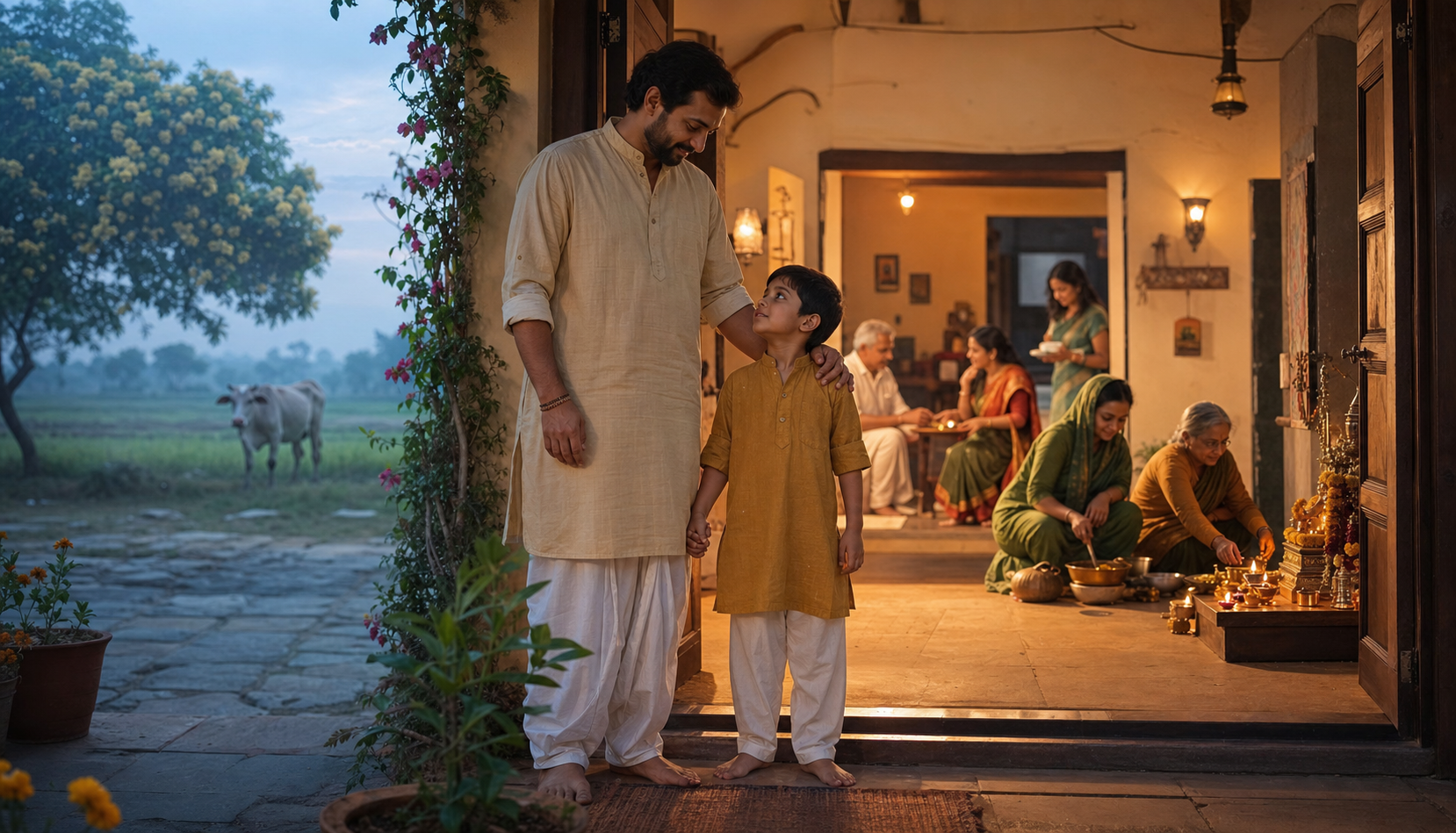 A father holds hands with his adopted child at the entrance of an Indian family home while relatives prepare lamps and a meal inside.