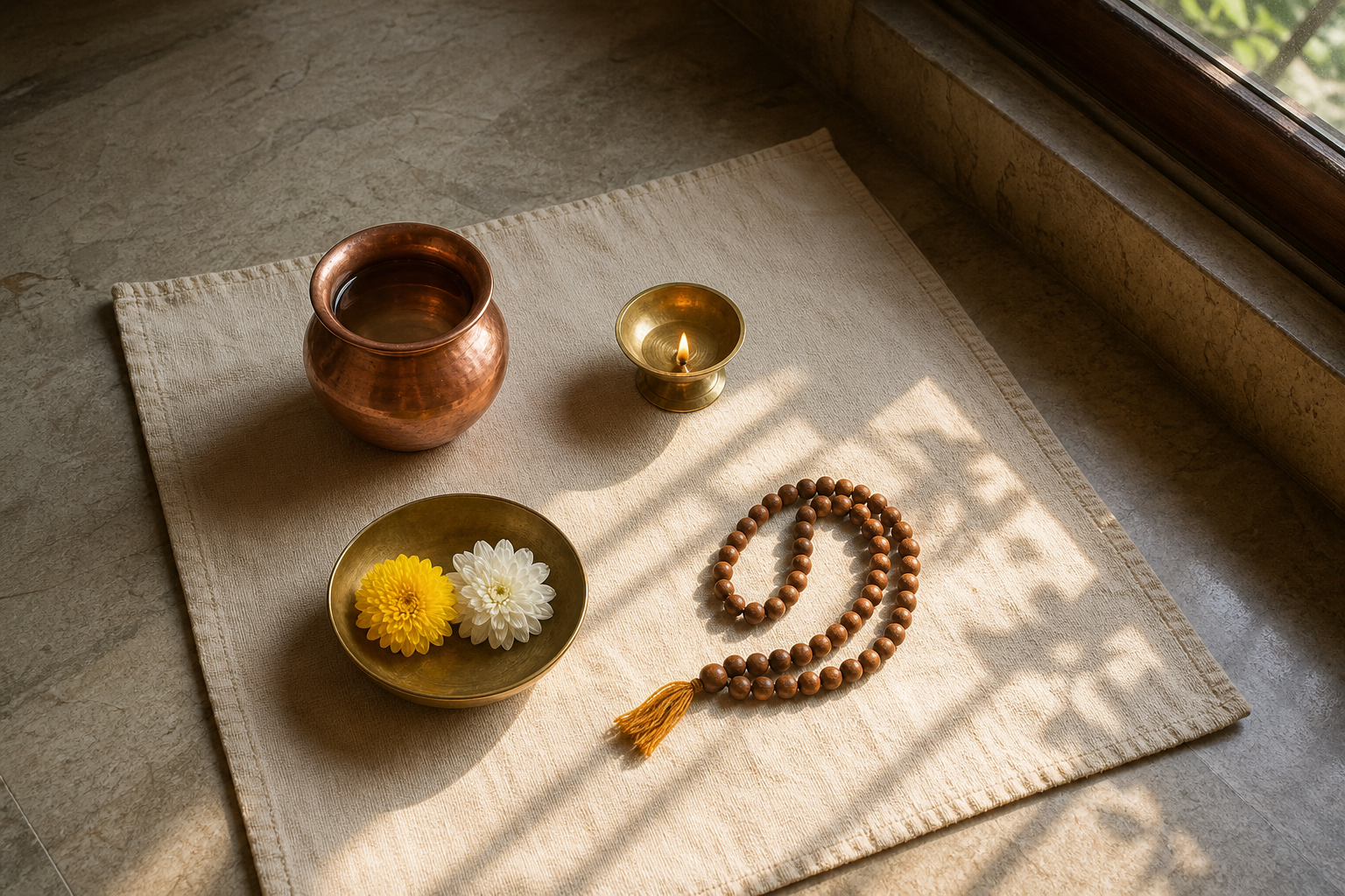 A copper water vessel, lit brass lamp, flowers, prayer beads, and cotton mat are arranged in morning sunlight.