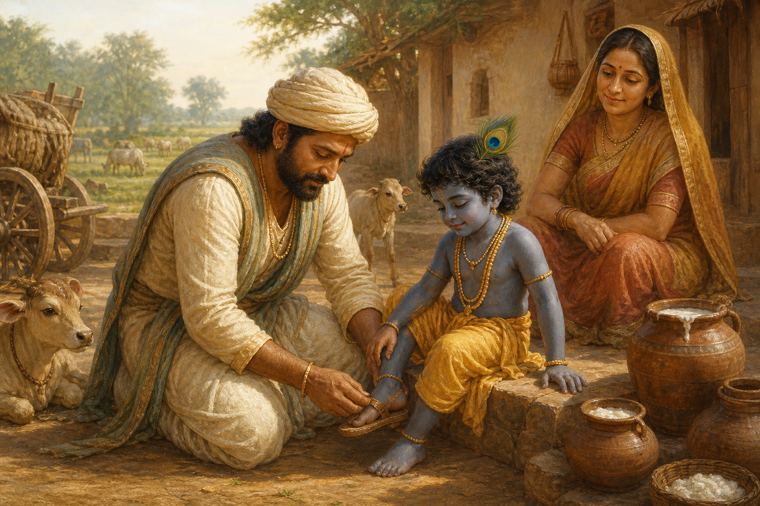 Nandagopa kneels to fasten young Krishna's sandal in a pastoral courtyard as Yashoda, calves, carts, and village homes appear nearby.