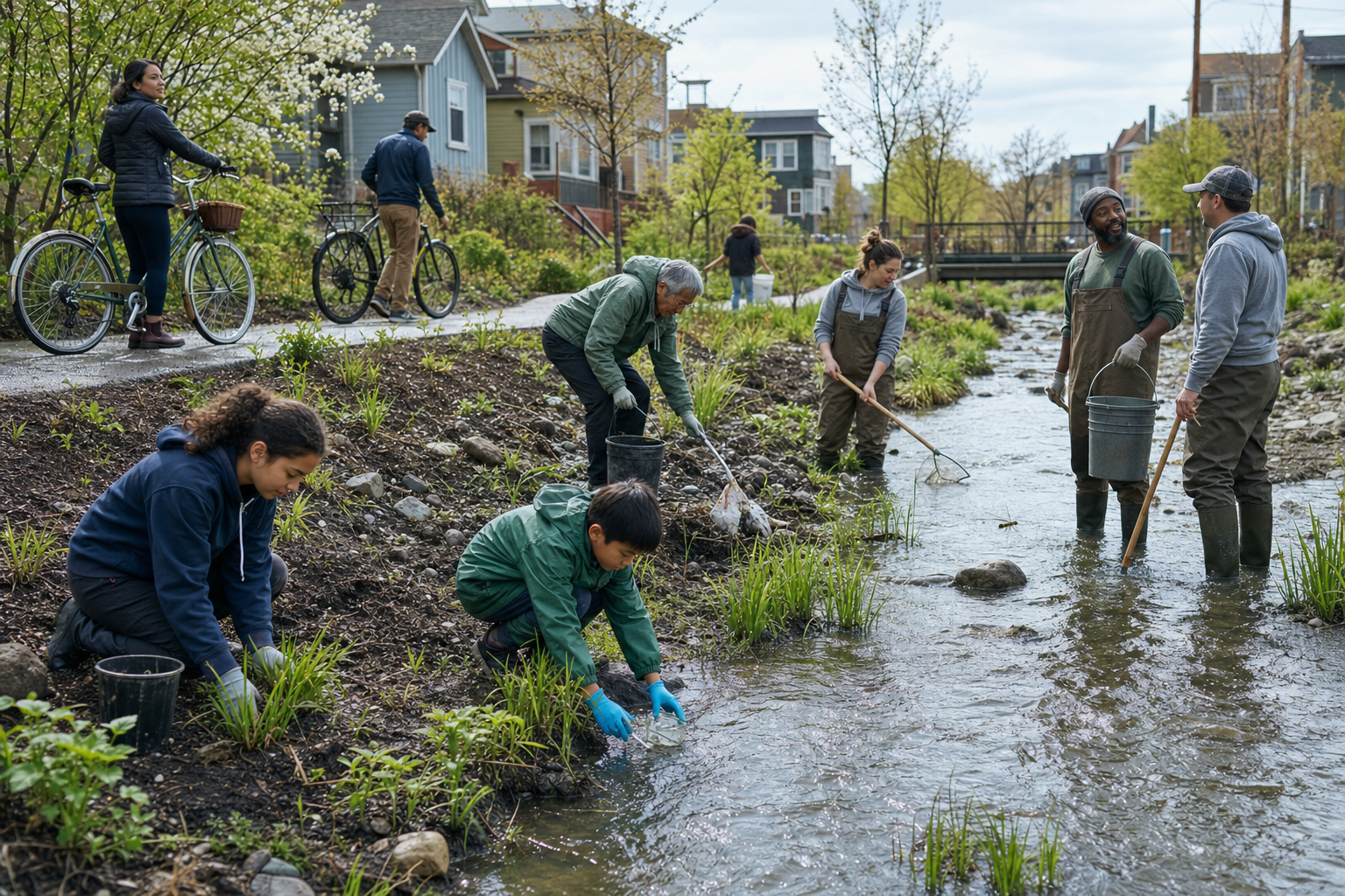 Neighbors plant native sedges, collect litter, and monitor an urban creek beside a rain garden, homes, bicycles, and a public path.