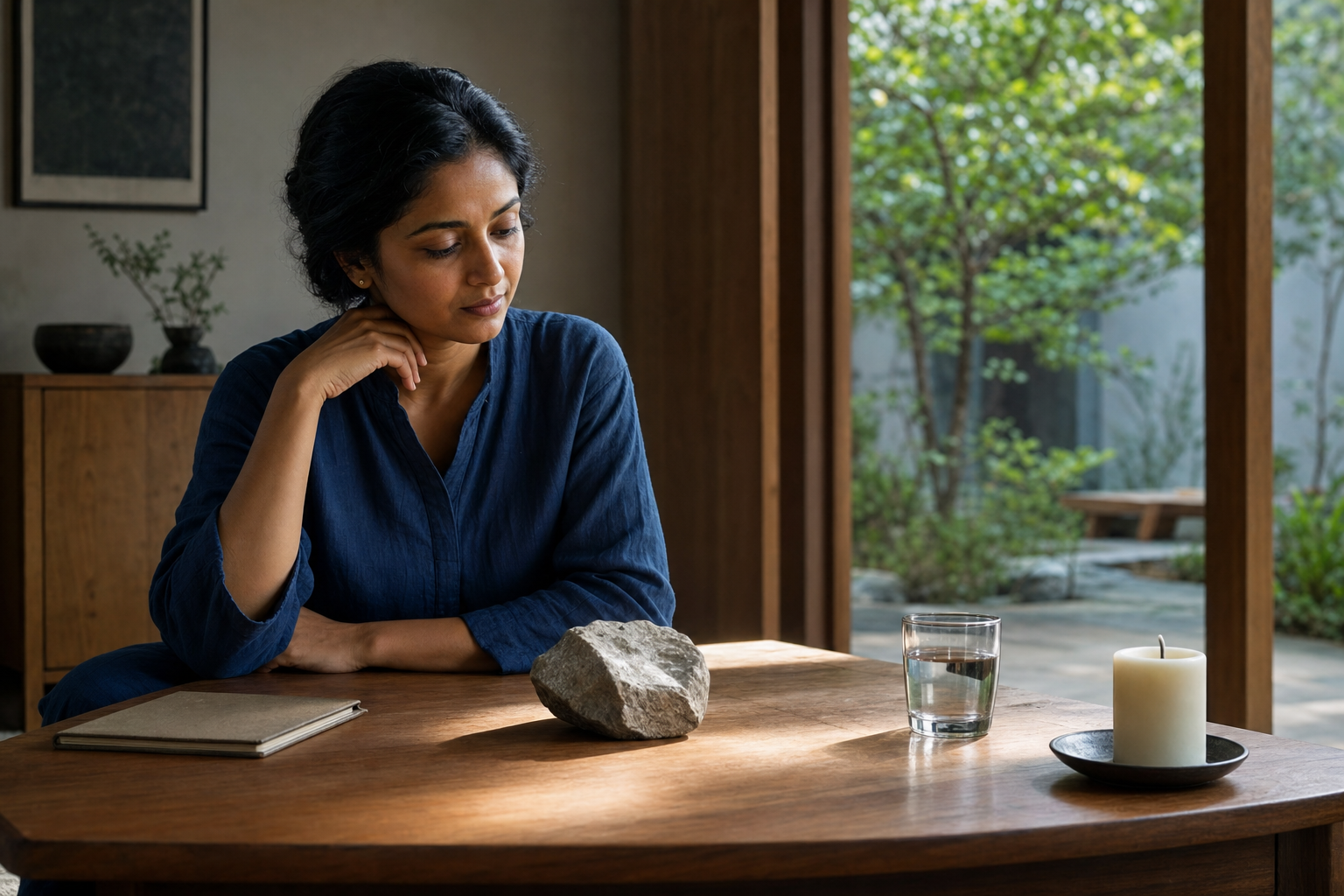 A seated woman calmly examines a small stone on a low table in a quiet, sunlit room.