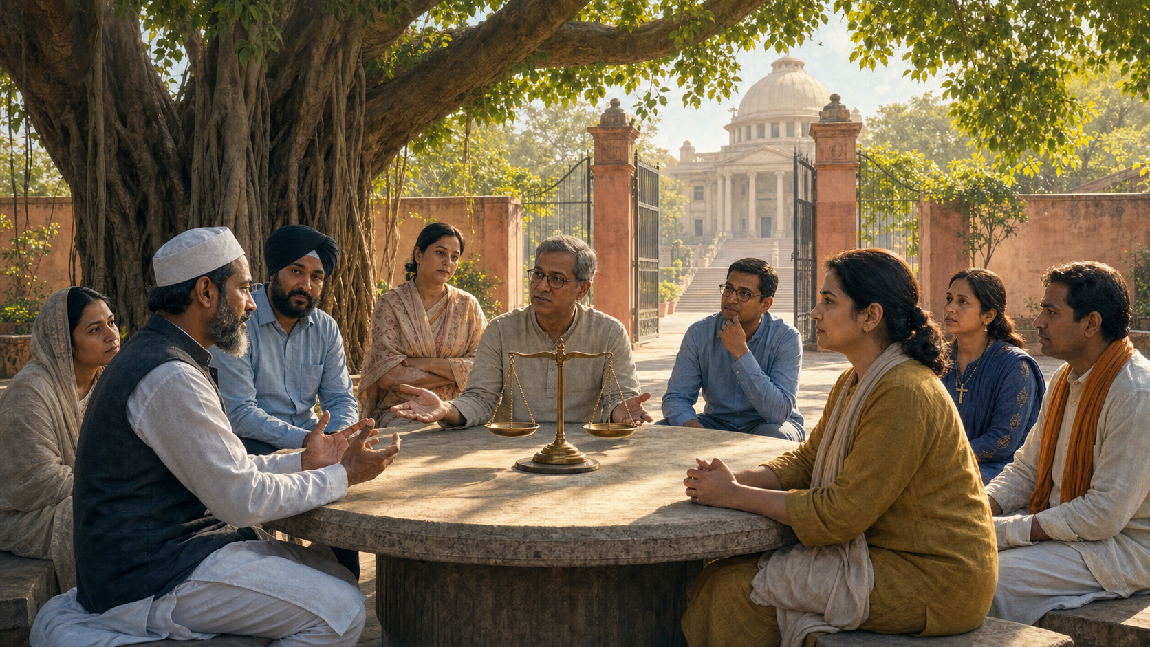 Neighbours from different faith communities gather with a mediator around a stone table and balance scale beneath a banyan tree near a courthouse.