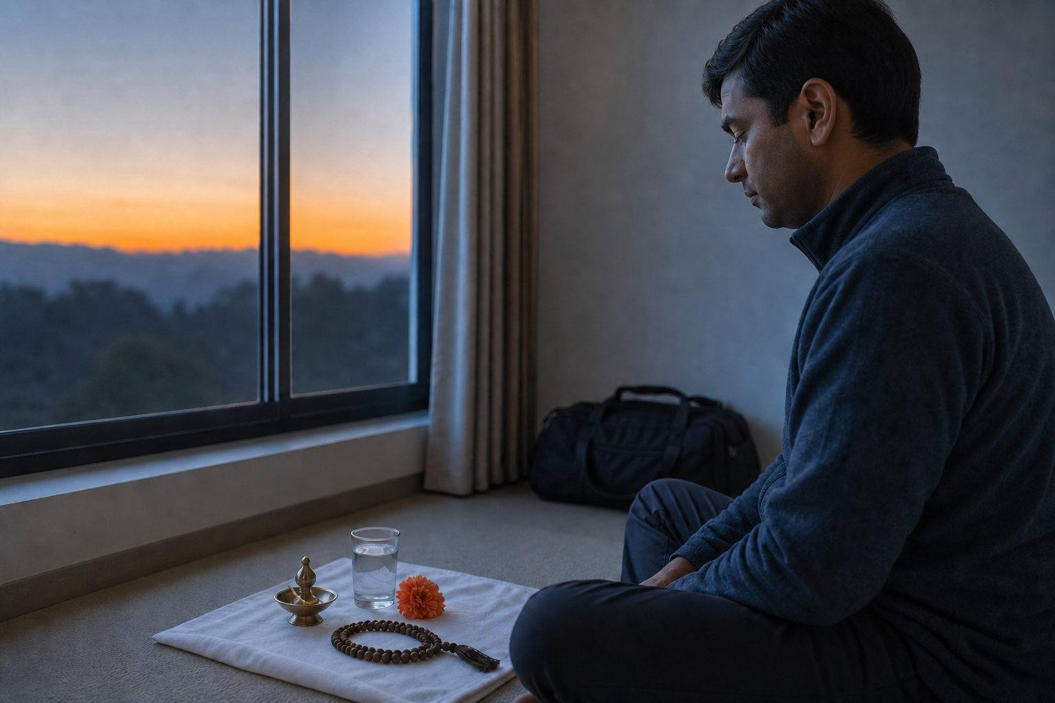 A traveler sits beside a small prayer arrangement of water, a brass lamp, one flower, and prayer beads before sunrise.