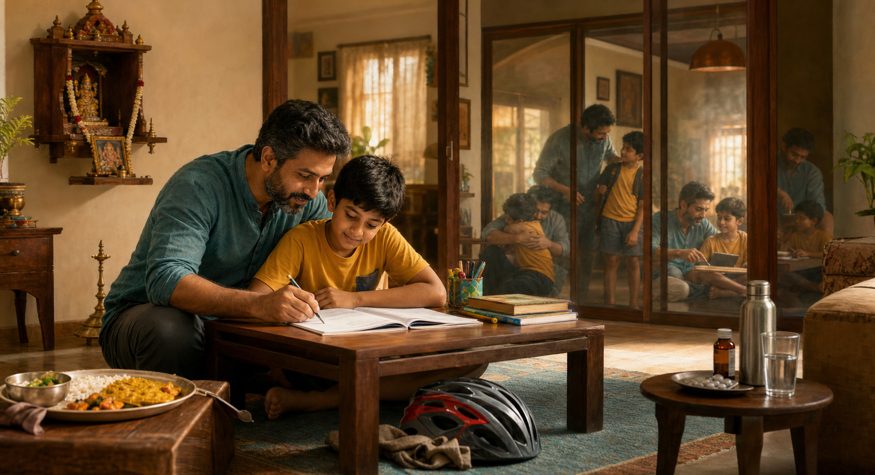 A father helps his adopted child study in a home surrounded by signs of everyday care, including a meal, safety gear, medicine, and a family shrine.