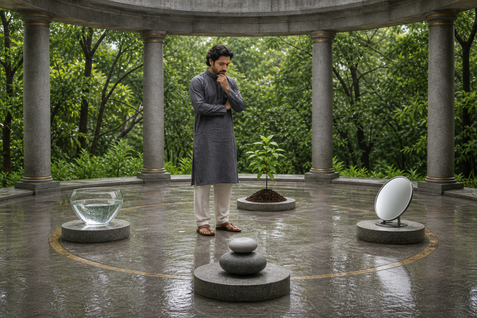 A man in an open pavilion considers four objects arranged around him: water, balanced stones, a sapling, and a mirror.