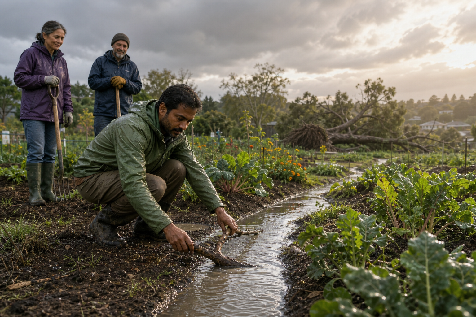 A person removes a small branch from a garden water channel while neighbors stand ready with hand tools and a larger fallen tree remains in the distance.