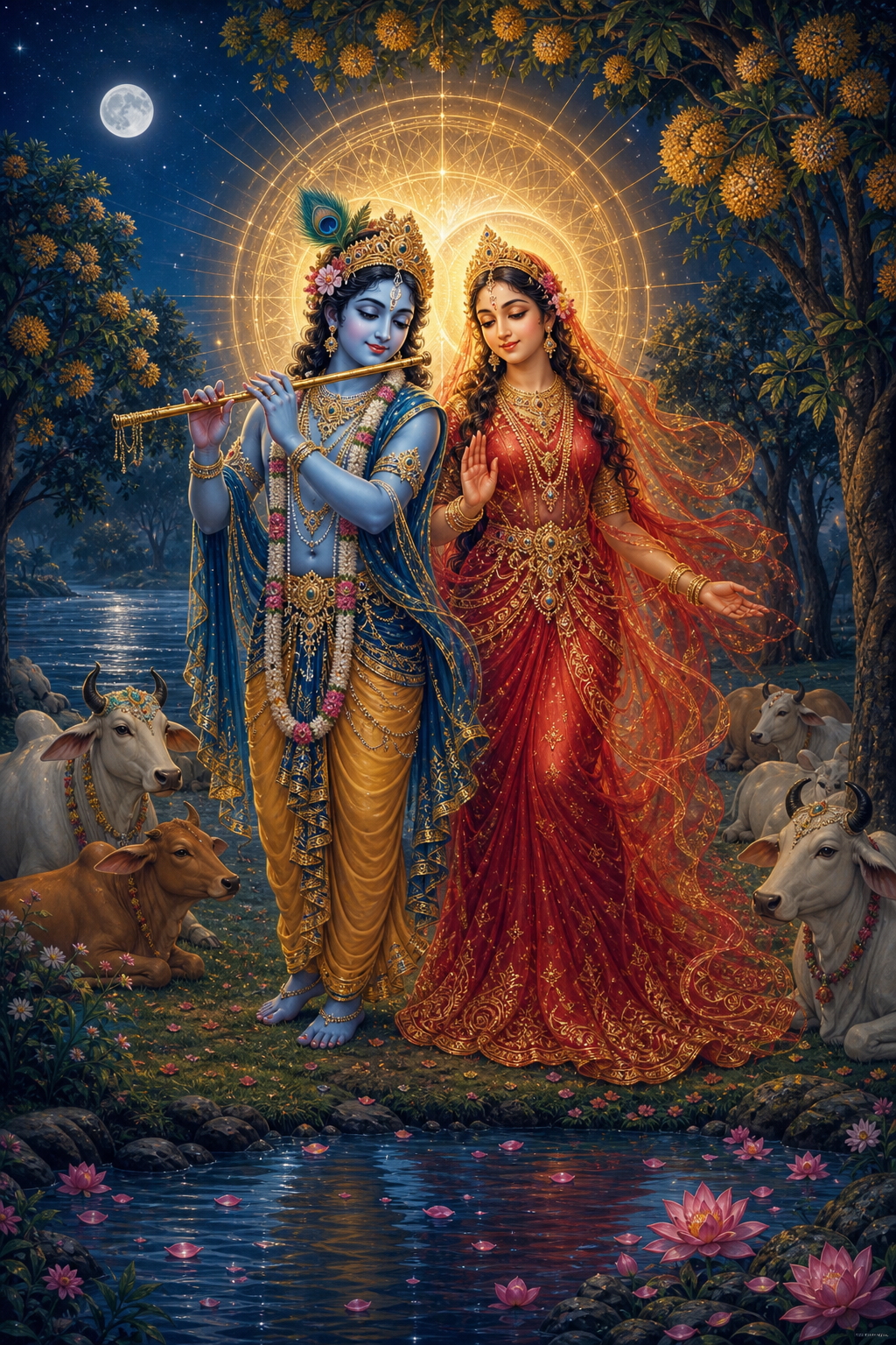 Krishna with a flute and a radiant mother-goddess figure share one halo in a moonlit grove beside cows, flowers, and a river.