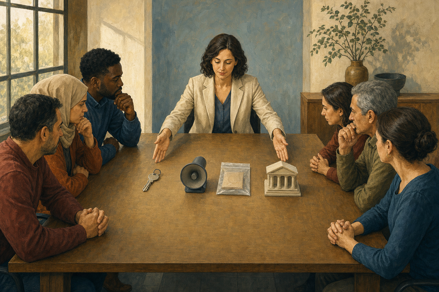 A mediator separates keys, a loudspeaker, an evidence pouch, and a courthouse miniature on a table while two groups examine the facts.