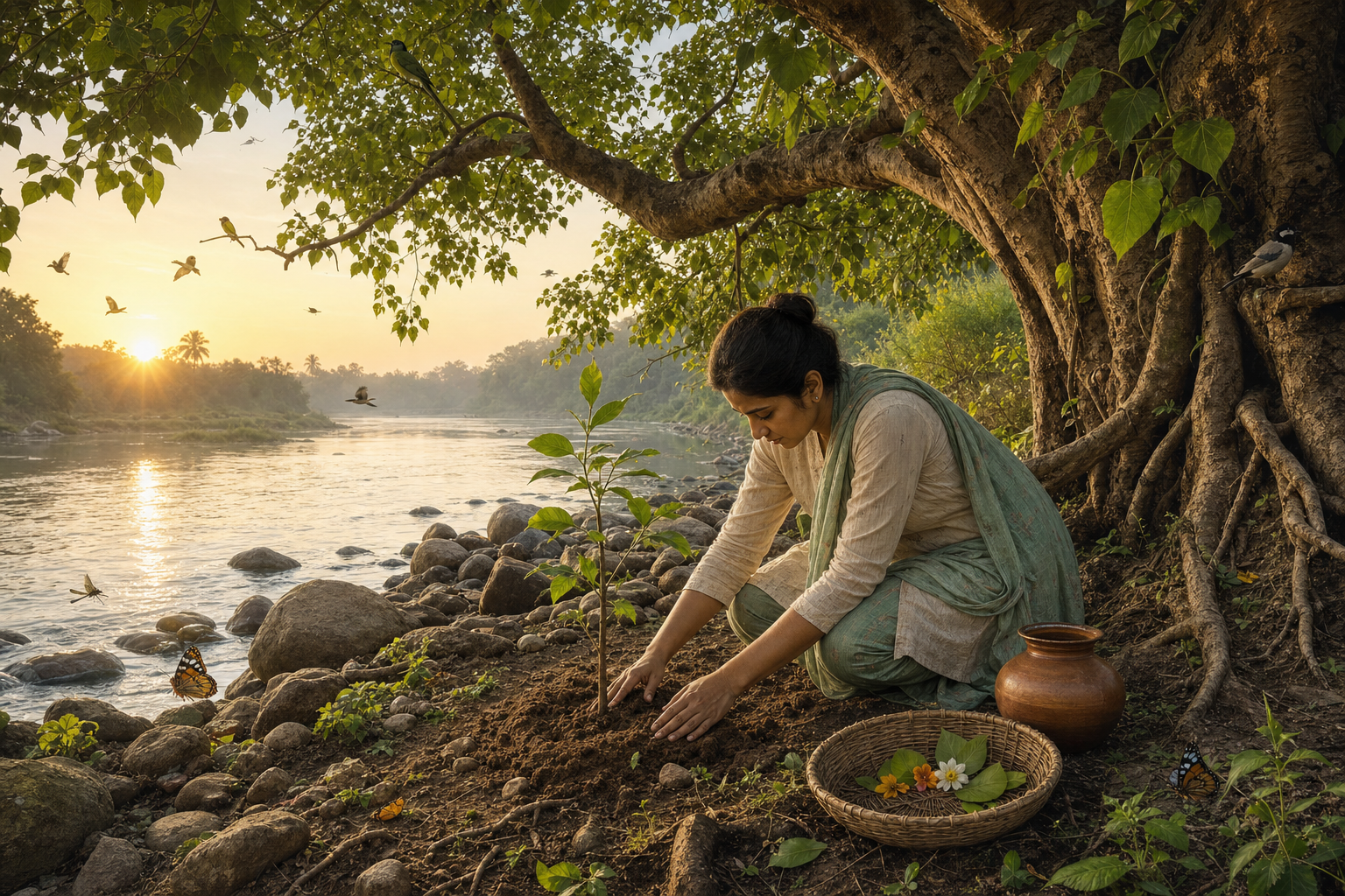 A person tends a young sapling beneath a mature tree beside a river at sunrise, with fallen leaves, birds, stones, and an earthen water vessel nearby.