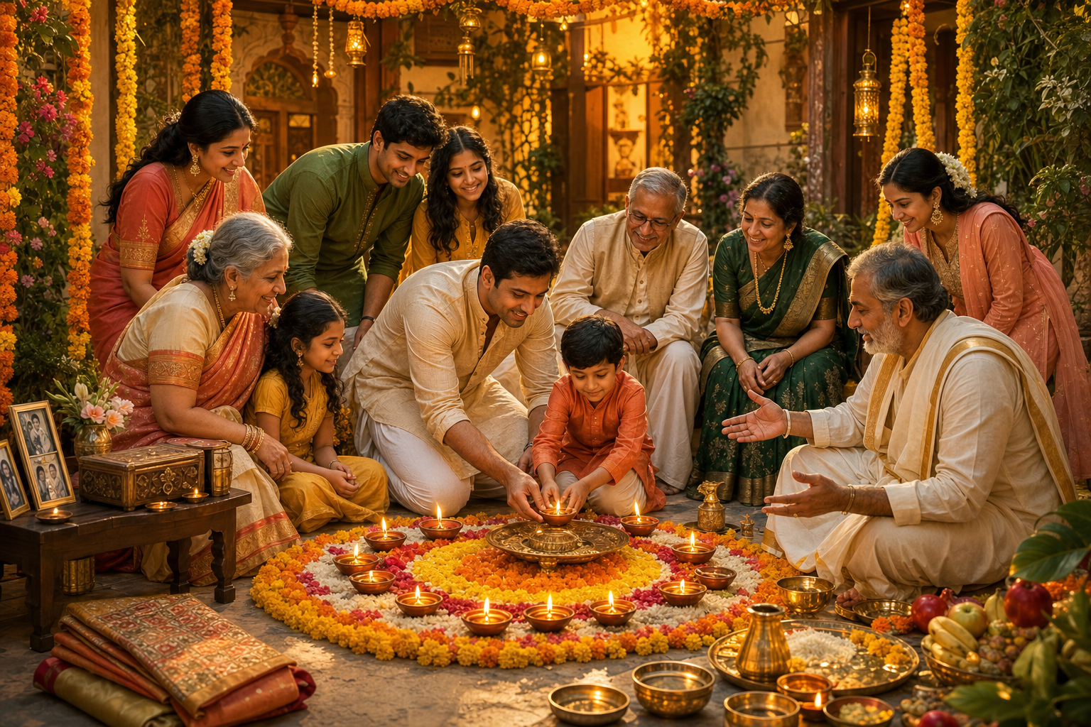 An adoptive father and child place an oil lamp together at the center of a multigenerational family ceremony in a decorated courtyard.