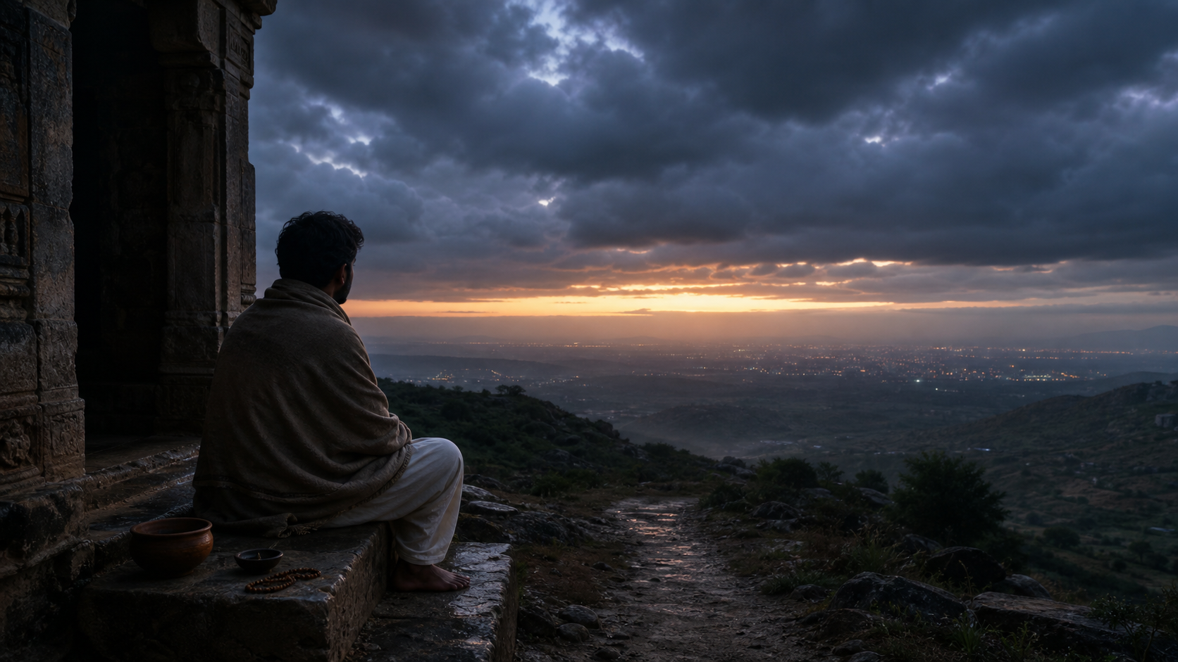 A seeker sits at the entrance of a stone shrine before dawn, with prayer beads and a clay bowl nearby as light breaks through storm clouds over a distant city.