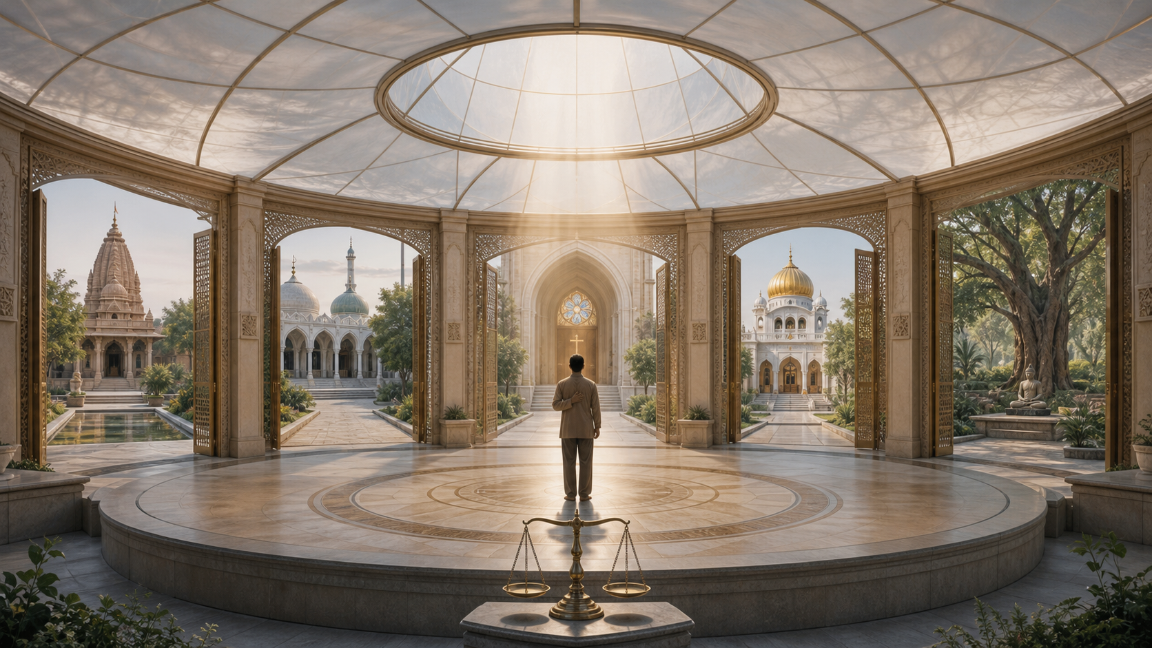 An adult stands beneath a protective civic canopy as equal paths lead toward several places of worship and a meditation grove.