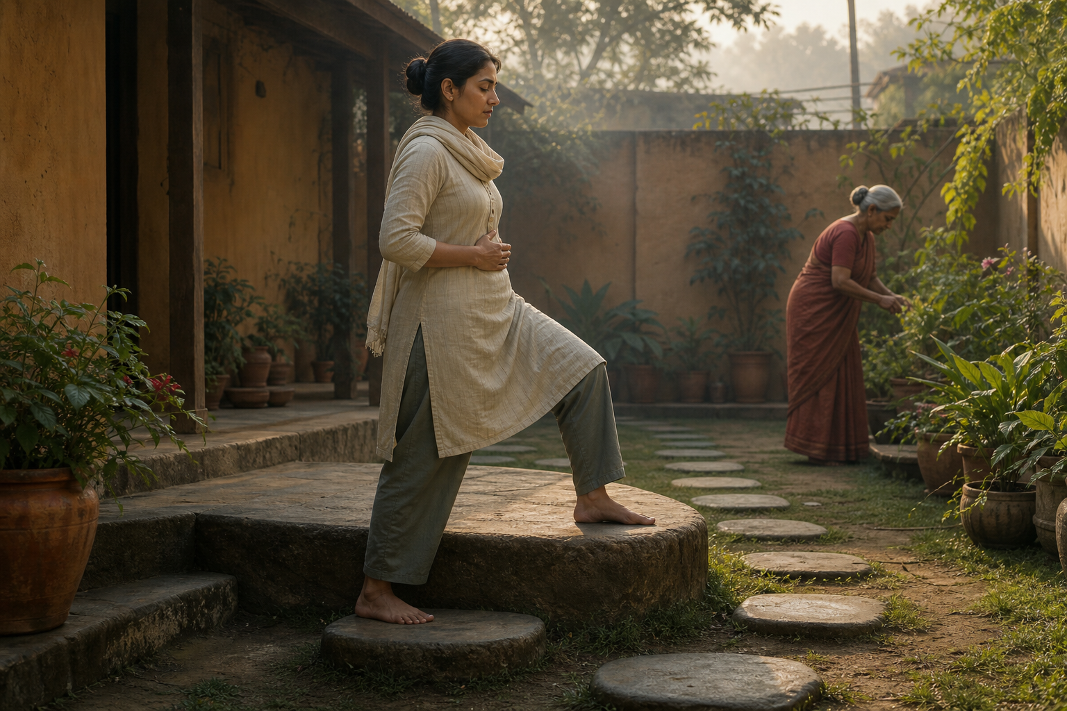 A woman practices a slow, deliberate step along smooth stones in a peaceful courtyard at dawn.