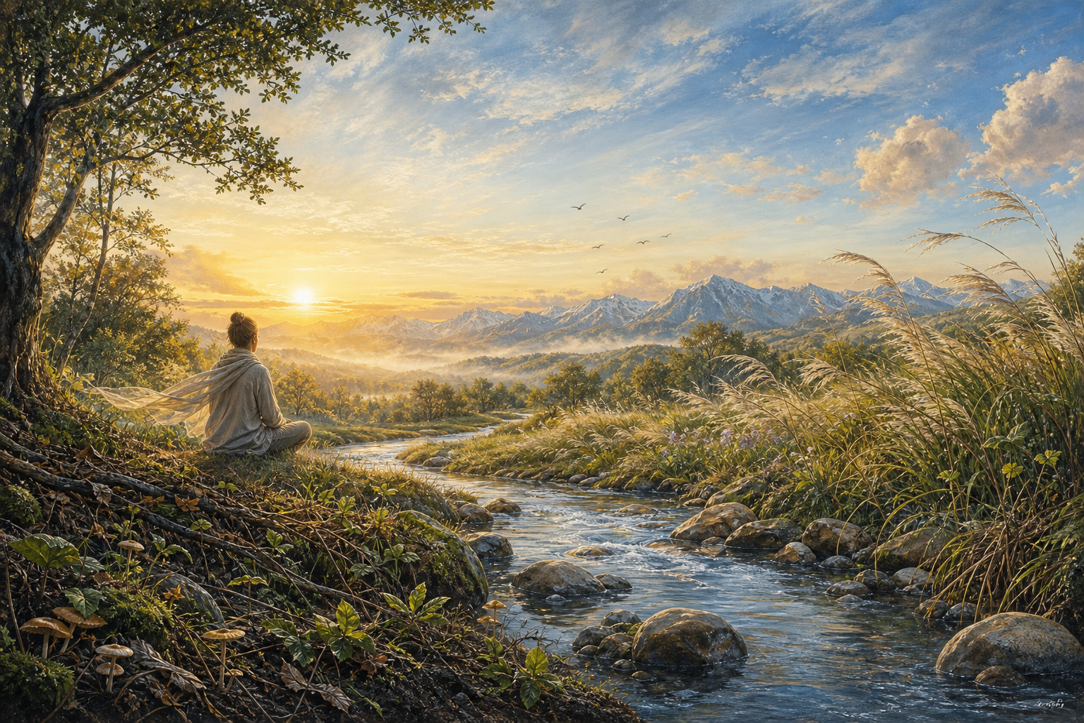 A seated person observes sky, wind-blown grasses, sunlight, flowing water, and fertile soil within one living landscape.
