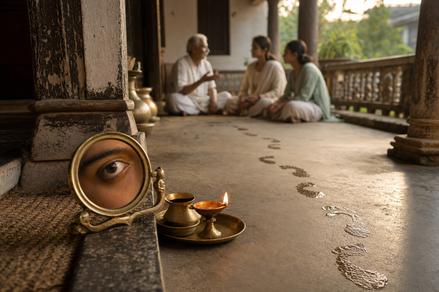 A brass mirror reflecting an eye, a trail of wet footprints, and an elder speaking with two students share a sunlit veranda scene.