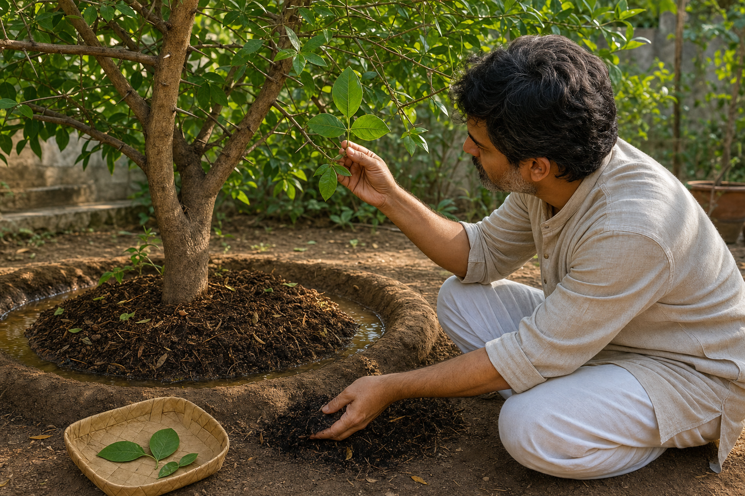 A devotee cares for a healthy Bilva tree with compost and mulch while examining an intact three-part leaf on a branch.