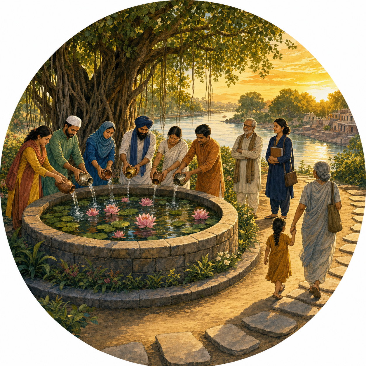People from different faith communities pour water into a shared stone basin with a raised rim beside a safe public footpath.