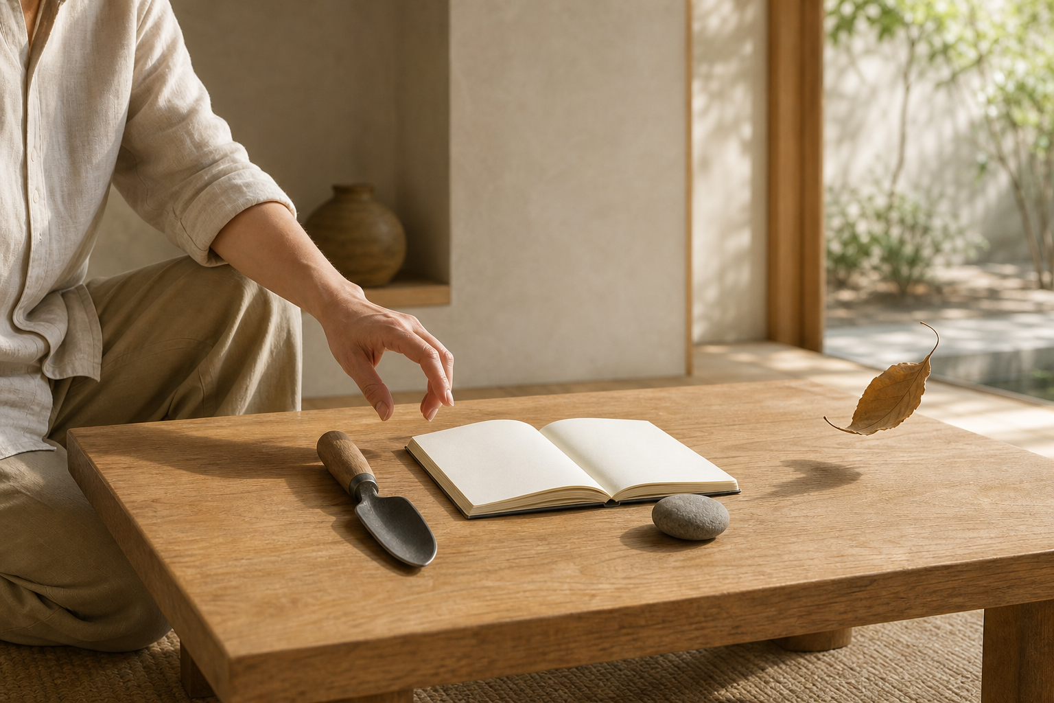 A person reaches toward a hand tool beside an open blank notebook, a stone and a leaf lifting in the breeze.